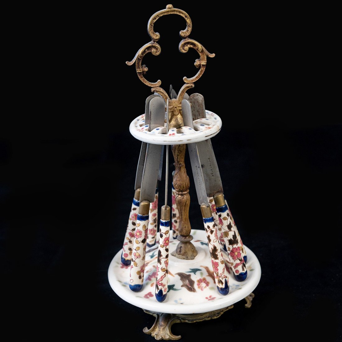 Antique Excelsior Ironstone Porcelain Knife Set & Stand: Antique Excelsior Ironstone Porcelain Knife Set & Stand.NOTE: The top supporting circular porcelain knife blade section has been repaired, please see pics. Qty (9) knives, (3) are missing to the origi