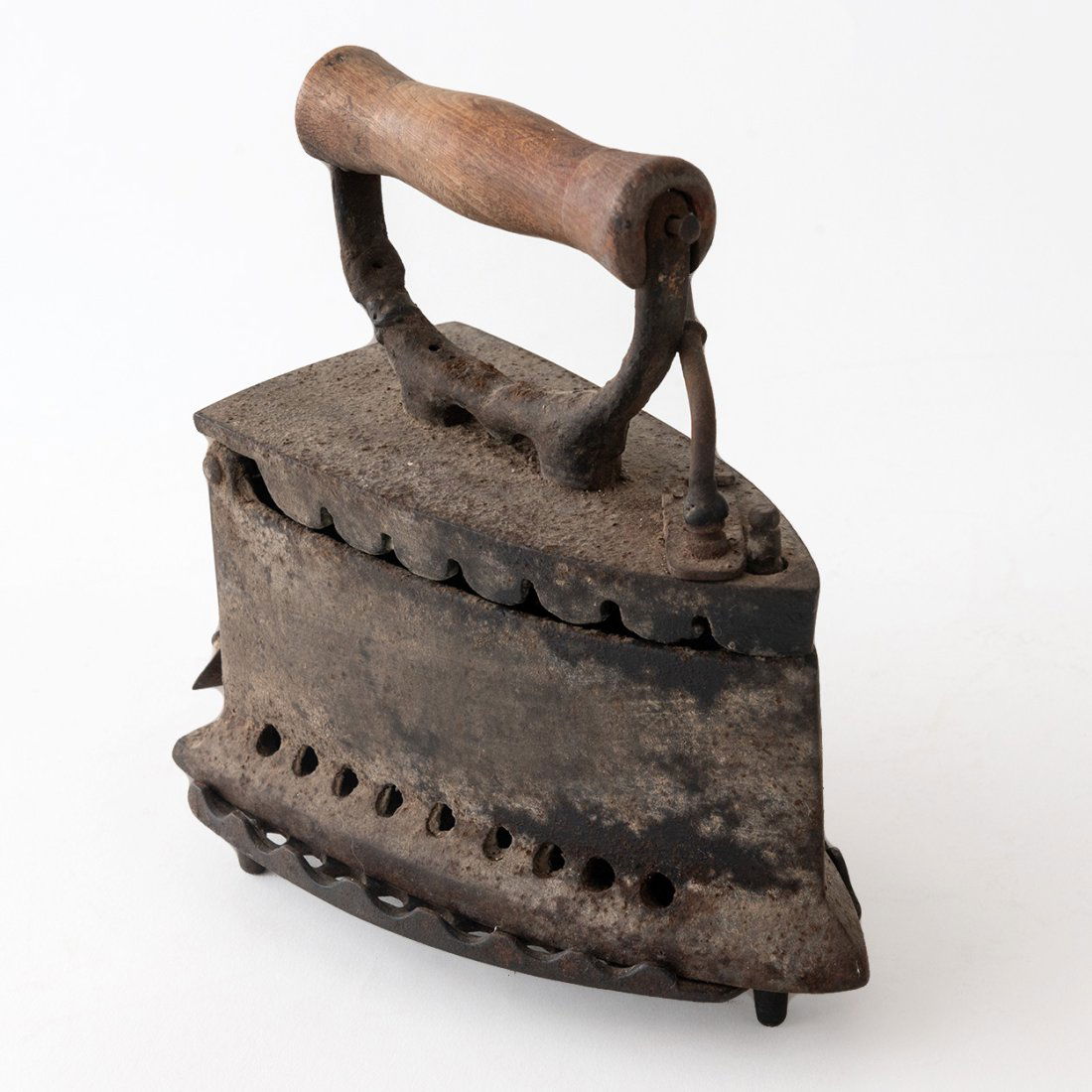 Antique Italian 1800's Cast Iron Charcoal / Ash Flat Iron with Wooden Handle and Stand: Antique Italian 1800's Charcoal / Ash Flat Iron with Wooden Handlemeasuring 8" high on stand x 7.5" wide x 4" deep