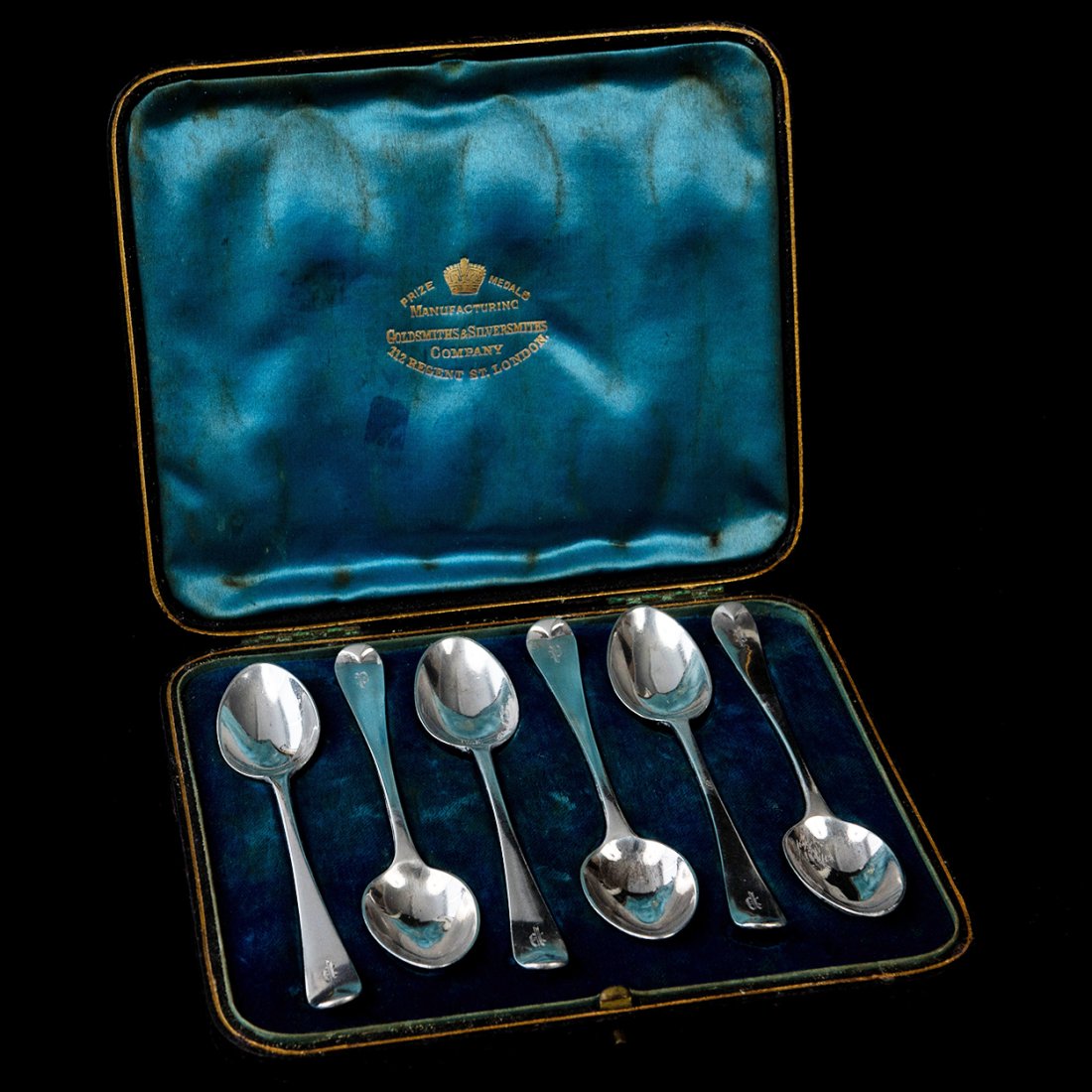 Set of 6 1800's London Sterling Silver Demitasse Spoons with Box: Set of 6 Sterling Demitasse Spoons with Initial "P" by Prize Metals Manufacturing Co. 112 Regent St. Londonmeasuring approximately 4.5" longHallmarks are Lopard Head in Shield, Standing Lion, Initial 