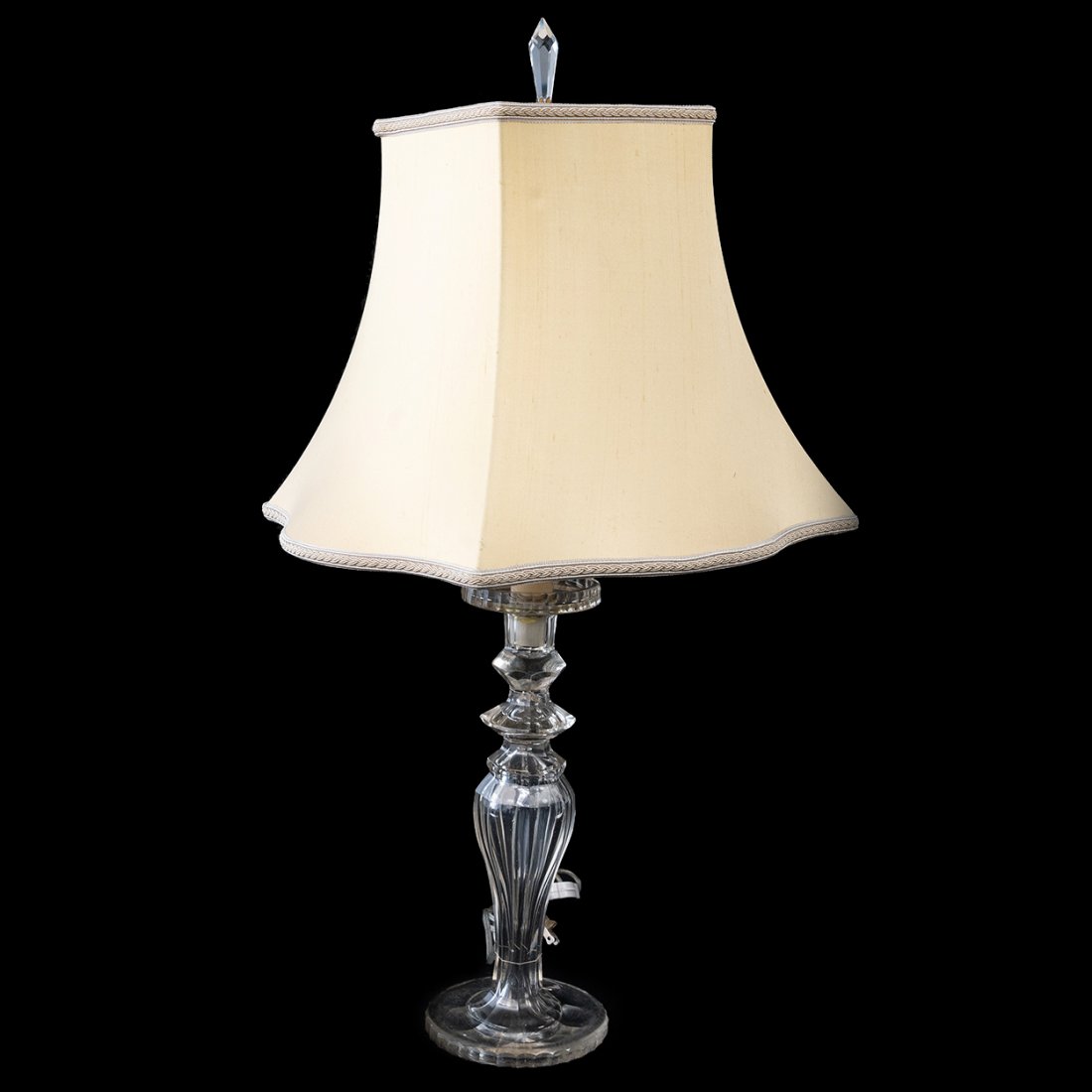Antique Heavy Crystal Lamp: measuring 31.5" to top of shade crystal Finial