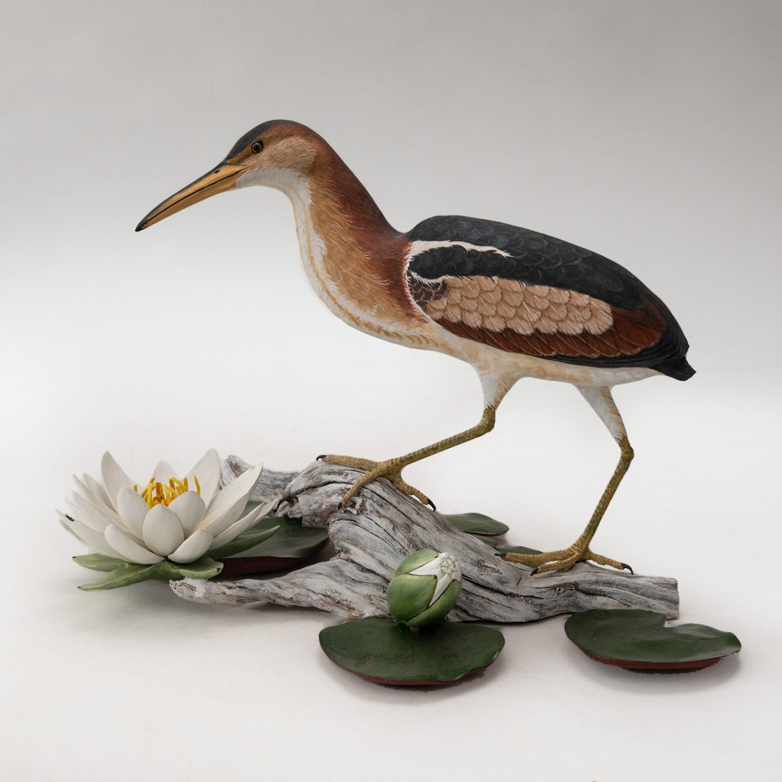 Hand Carved Least Bittern w/Lilly Pad on Driftwood by Lewis & Holland (1 of 5)