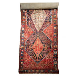 Antique Kurdish Persian Malayer Wool Rug 17'7" x 7': Antique Kurdish Persian Malayer, circa 1910, size 17'7" x 7', country of origin is Iran, Ghiordes knot, Wool pile, Original ends, natural dyes , geometric hearty pattern with three large