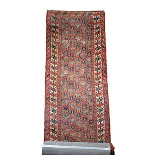 Antique Kurdish Wool Oriental Runner 19'3" x 3'4": Antique Kurdish Wool Oriental Runner, circa 1920, size is 19'3" x 3'4", Ghiordes knot, wool pile, Ends have been restored with overcast, natural dyes, design is all over floral style repeated