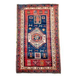 Antique Kazak Wool Oriental Rug 7'7" x 5'2": Antique Kazak Wool Oriental Rug , circa 1900, size is 7'7" x 5'2" , country of origin is Azerbaijan, Ghiordes knot, wool pile, Original ends, natural dyes, design is geometric pattern with large