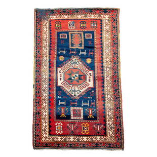 Antique Kazak Wool Oriental Rug 7'7" x 5'2": Antique Kazak Wool Oriental Rug , circa 1900, size is 7'7" x 5'2" , country of origin is Azerbaijan, Ghiordes knot, wool pile, Original ends, natural dyes, design is geometric pattern with large medal