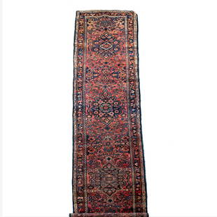 Vintage Lilihan  Wool Oriental Runner 19'9" x 2'6": Vintage Lilihan Wool Oriental Runner, circa 1950, size is 19.9 x 2.6" country of origin is Iran, Seneh knot, wool pile original ends, natural dyes design is geometric and floral pattern with multi med