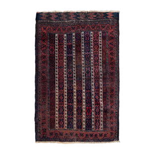 Antique Baluch Wool Oriental Rug 4' x 2'8": Antique Baluch wool oriental rug, Circa 1900, Size is 4' x 2'8", country of origin is Iran, Seneh hand knot, Wool pile, Original flat weave kilim ends, natural dyes, design is geometric stripe