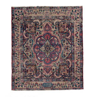 Antique Raver Kirman Inscripted Oriental Rug 5'1 x 5'1": Antique Raver Kirman Inscripted Oriental Rug, Inscription is Order of Gazan Part, Circa 1900, rug size is 5'1" x 5'1" , country of origin is Iran, Seneh Knot, wool pile, Original ends with some