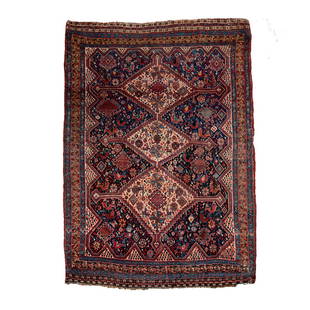 Antique Khamseh Wool Oriental Rug 6'3" x 4'9": Antique Khamseh Wool Oriental Rug , circa 1910, size is 6'3" x 4'9", country of origin is Iran, knot is Seneh, pile is wool, original ends with some restoration, natural and aniline dyes, design is