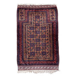 Vintage Baluch Wool Oriental Rug 4'5" x 3'1": Vintage Baluch Wool Oriental rug , circa 1980, size is 4'5" x 3'1" , country of origin is Iran, knot is Seneh, pile is wool, ends have been restored, natural dyes, design is geometric prayer pattern