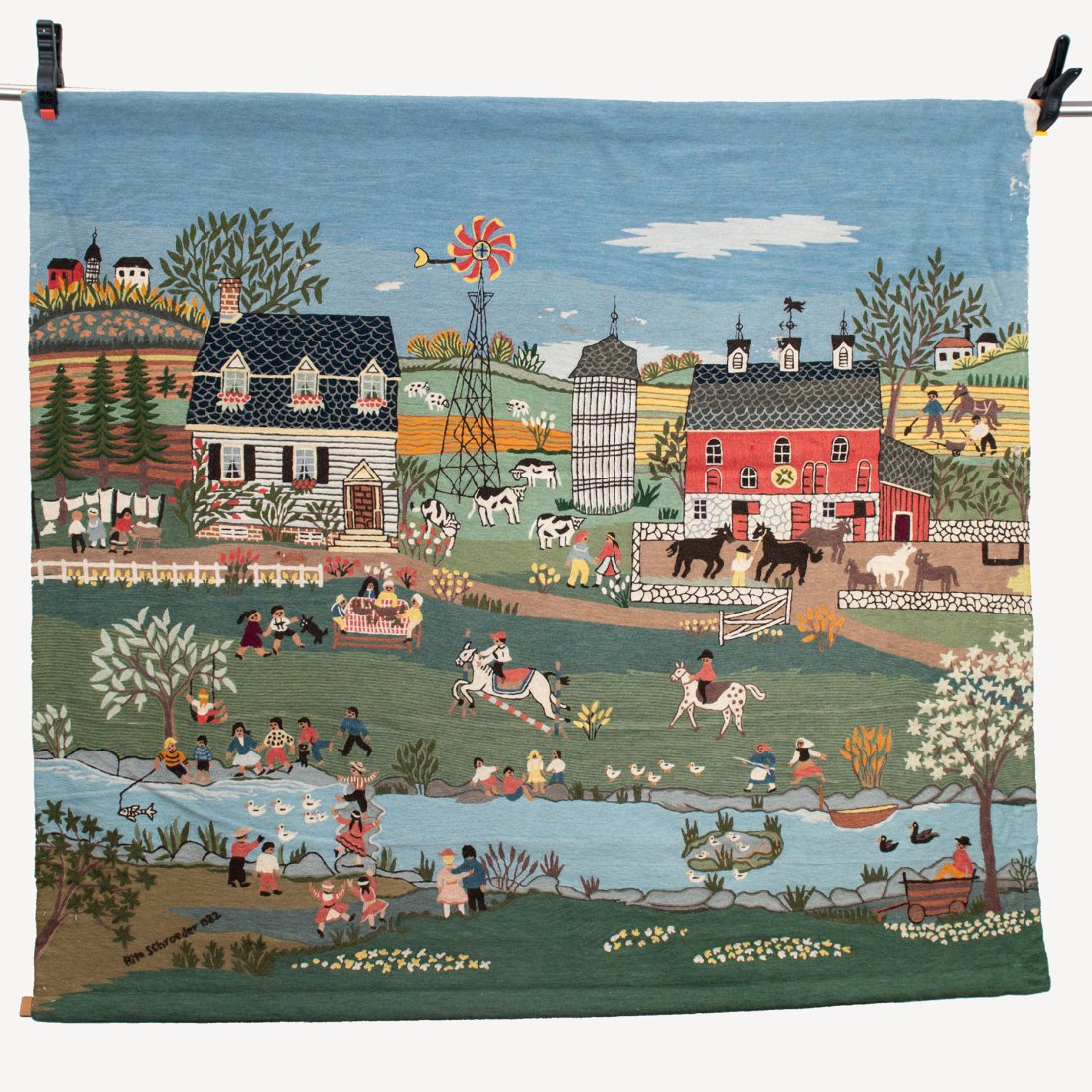1982 Figurative Tapestry of a Farm Scene by Rita Schroeder: 1982 Figurative Tapestry of a Farm Scene by Rita Schroeder measuring 66.5" wide x 61" high some areas of wear (please see pics)