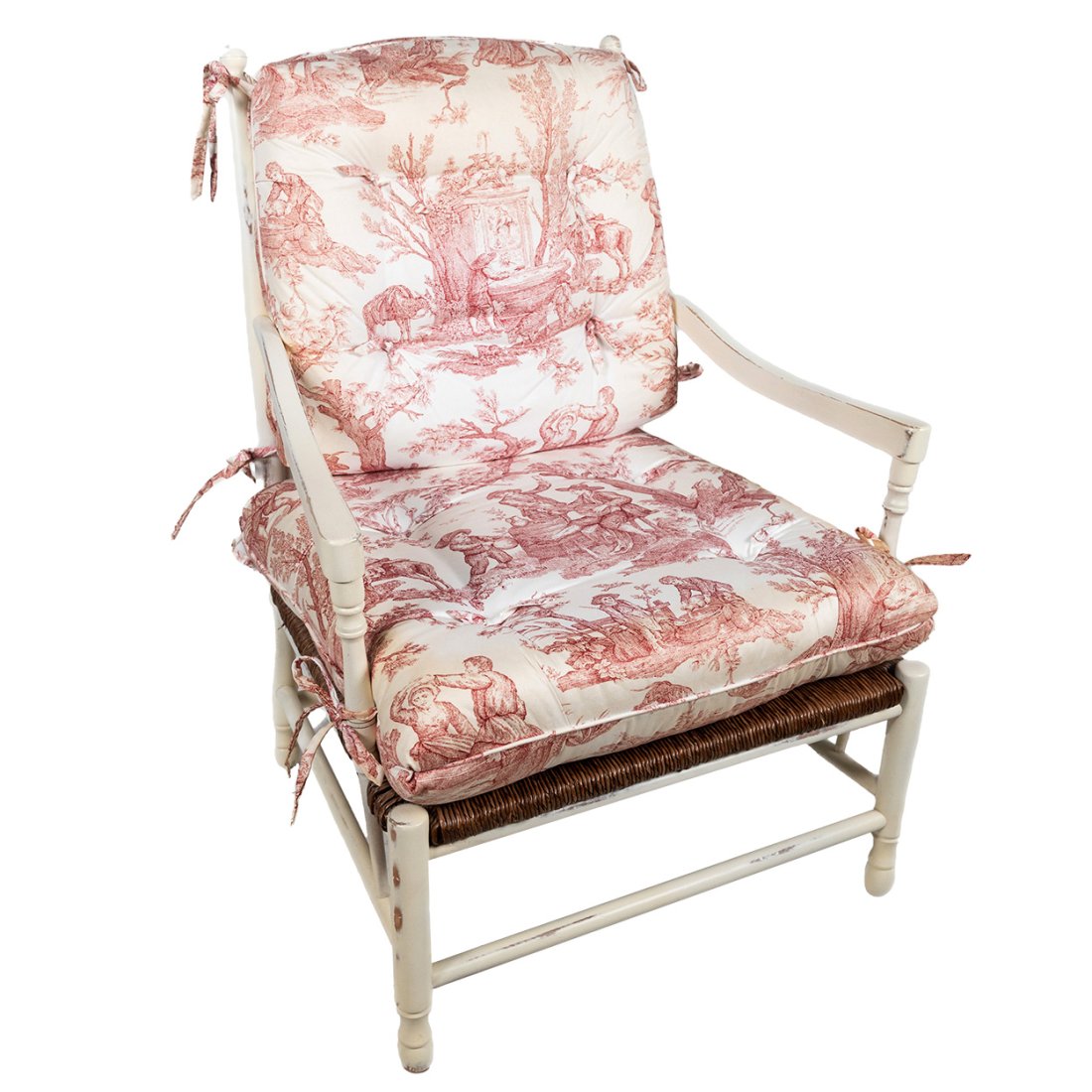 Brandywine Furniture White French Country Arm Chair w/ Toile Cushions: Toile Cushions (Yellowing on corner of cushions.) measuring 39.5" high x 30" wide x 22" deep x 20"seat depth x 19" seat height
