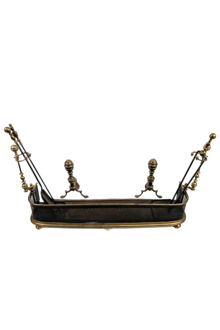 Antique Brass Fender, Andirons, and Tools with Stands (1 of 7)