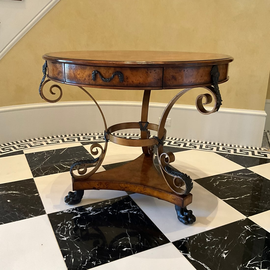 Theodore Alexander Caryatid Iron & Inlaid Walnut Burl Round Drum Center Table (1 of 8)
