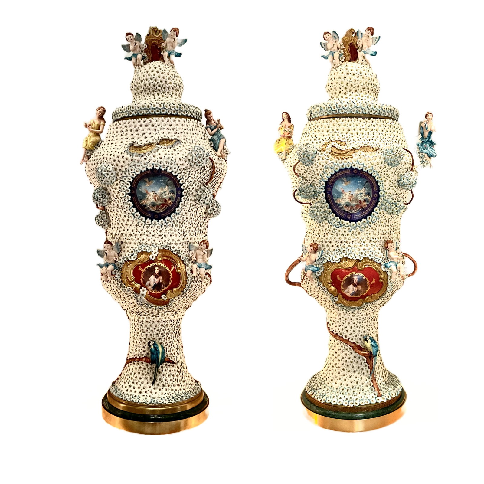 Pair of Monumental Hand Painted Porcelain Flower Encrusted "Cherub Vases" (1 of 17)