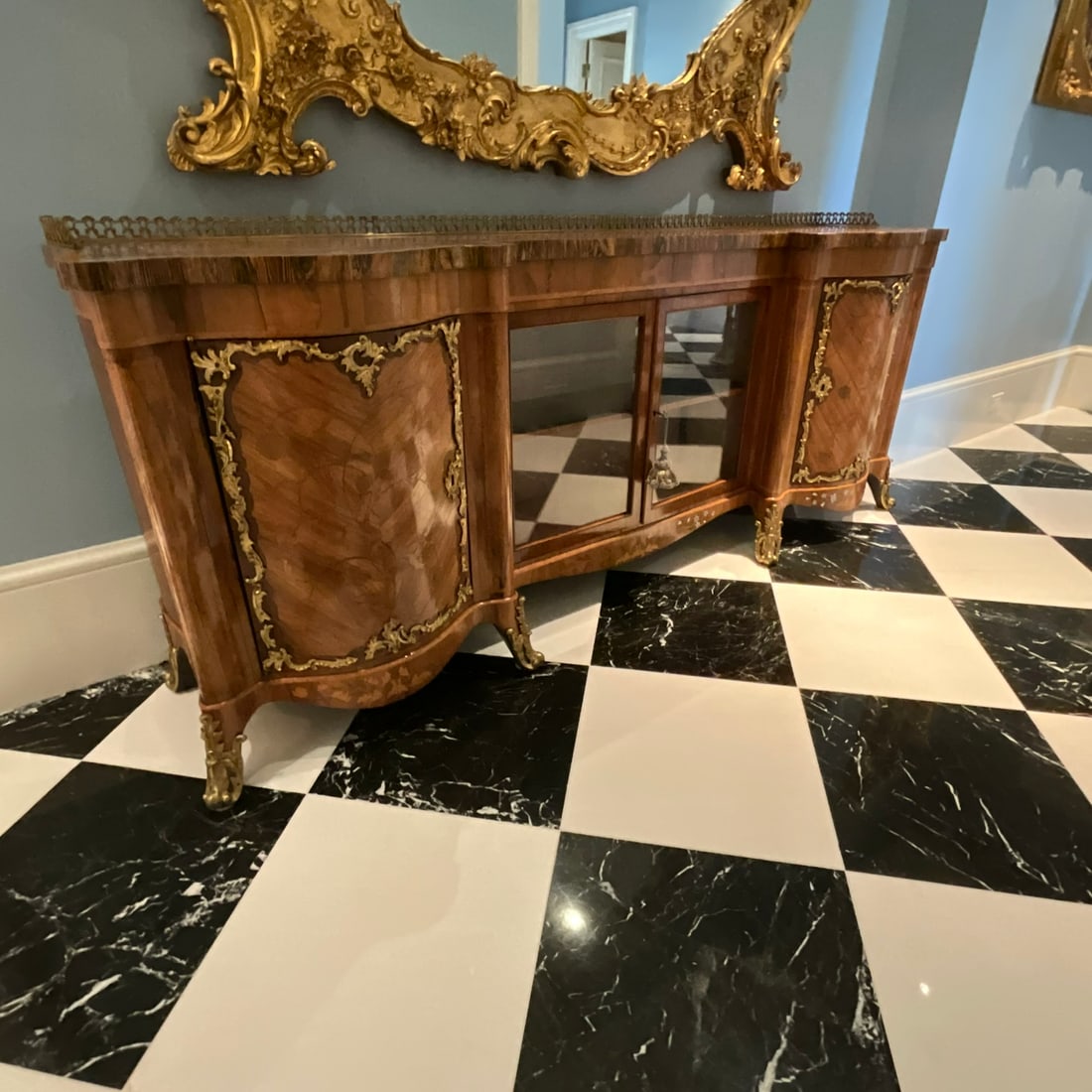 Antique French Louis XV Style Marquetry Inlaid Credenza/Sideboard: Has Floral Inlay With Brass Ormolu Measures: 84" wide x 35" high x 20" deep