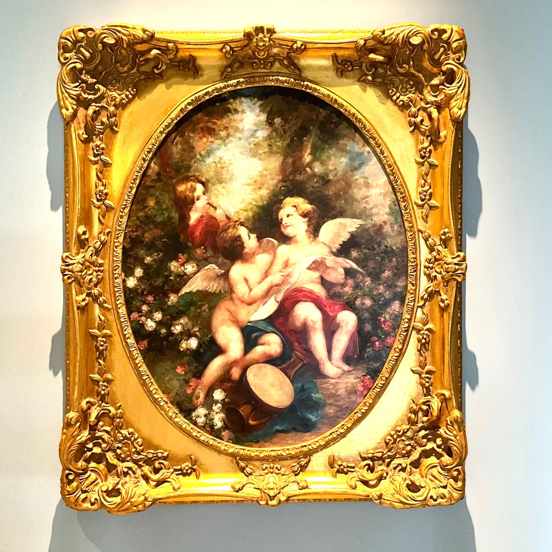 French Style Cherub Reproduction Oil Painting In Large Gilt Rococo Frame (1 of 3)