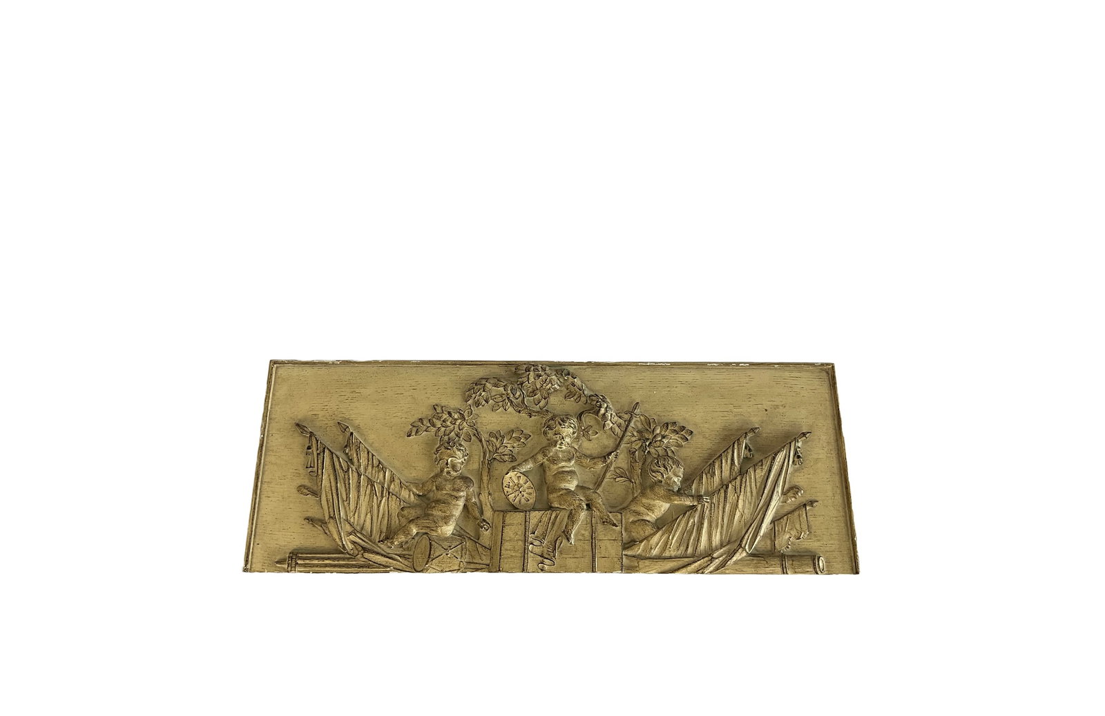 Neoclassical Cherub Wood Relief: Hand-carved. Measures: 33" wide x 12" high x 1" deep