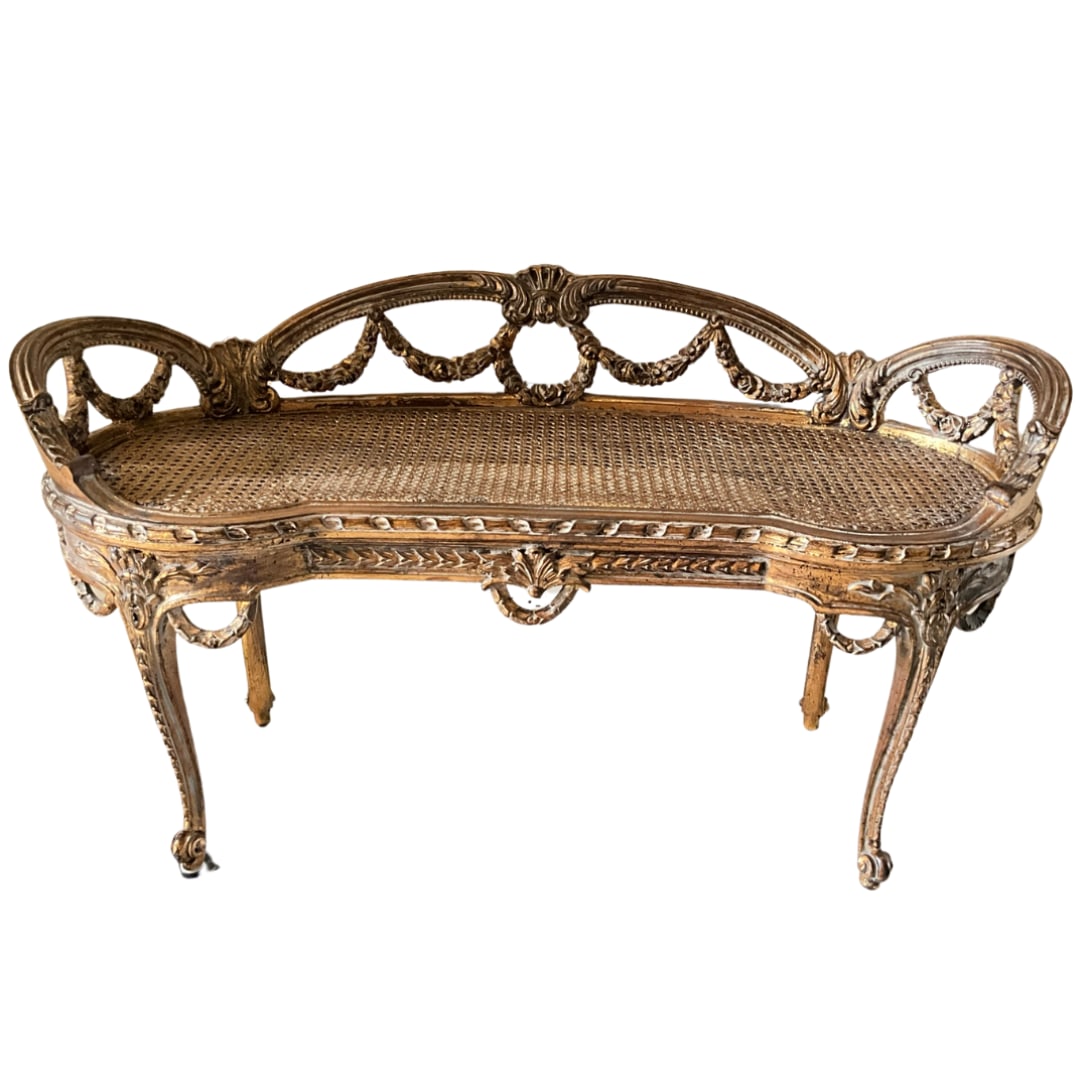 Antique French Caned Seat Petite Bench with Cushion (1 of 4)