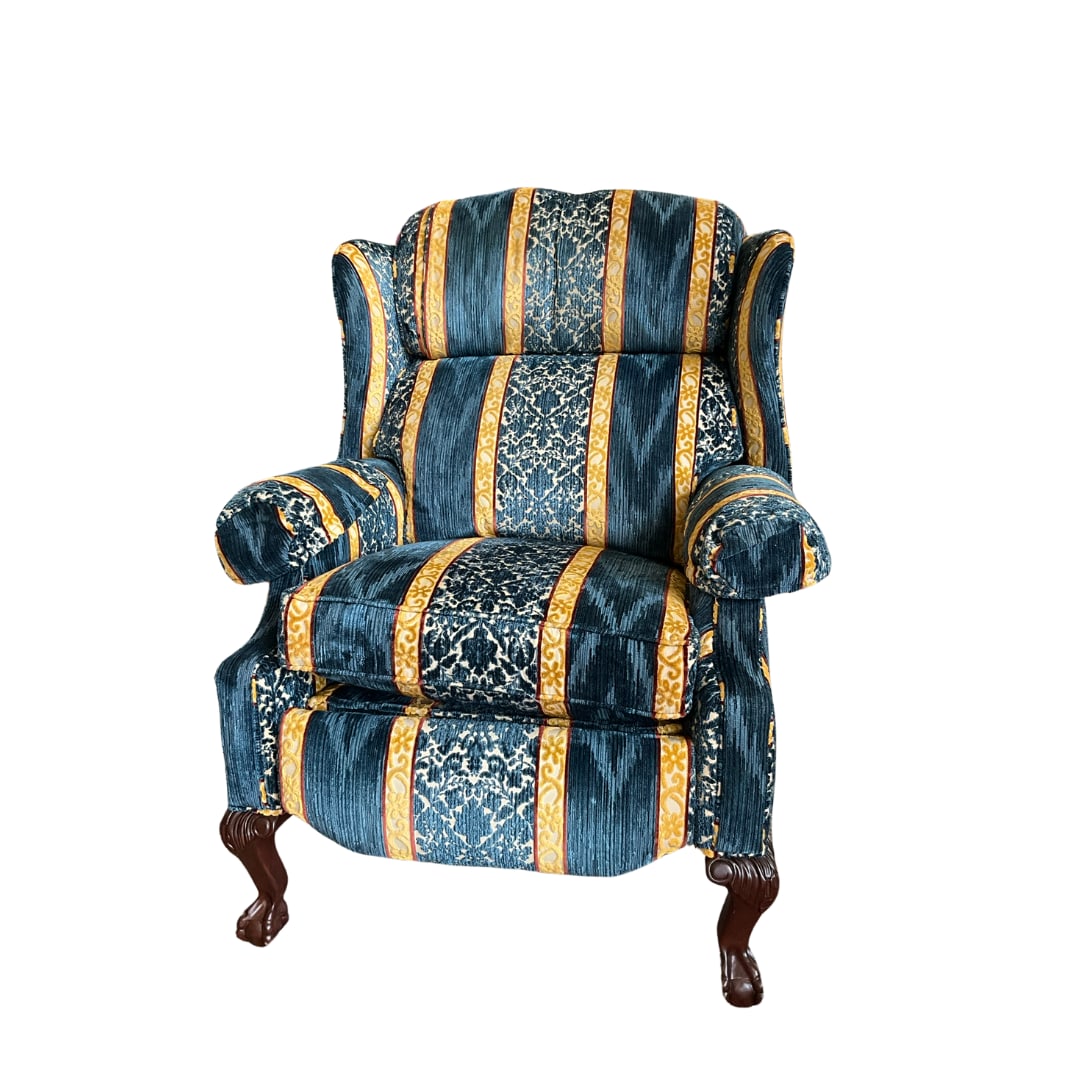 Hancock & Moore Blue & Gold Upholdstered Reclining Chair: Beautiful Blue & Gold Reclining chair that measures: 41" high x 33" wide x 33" d x 22" seat height x 12" seat depth