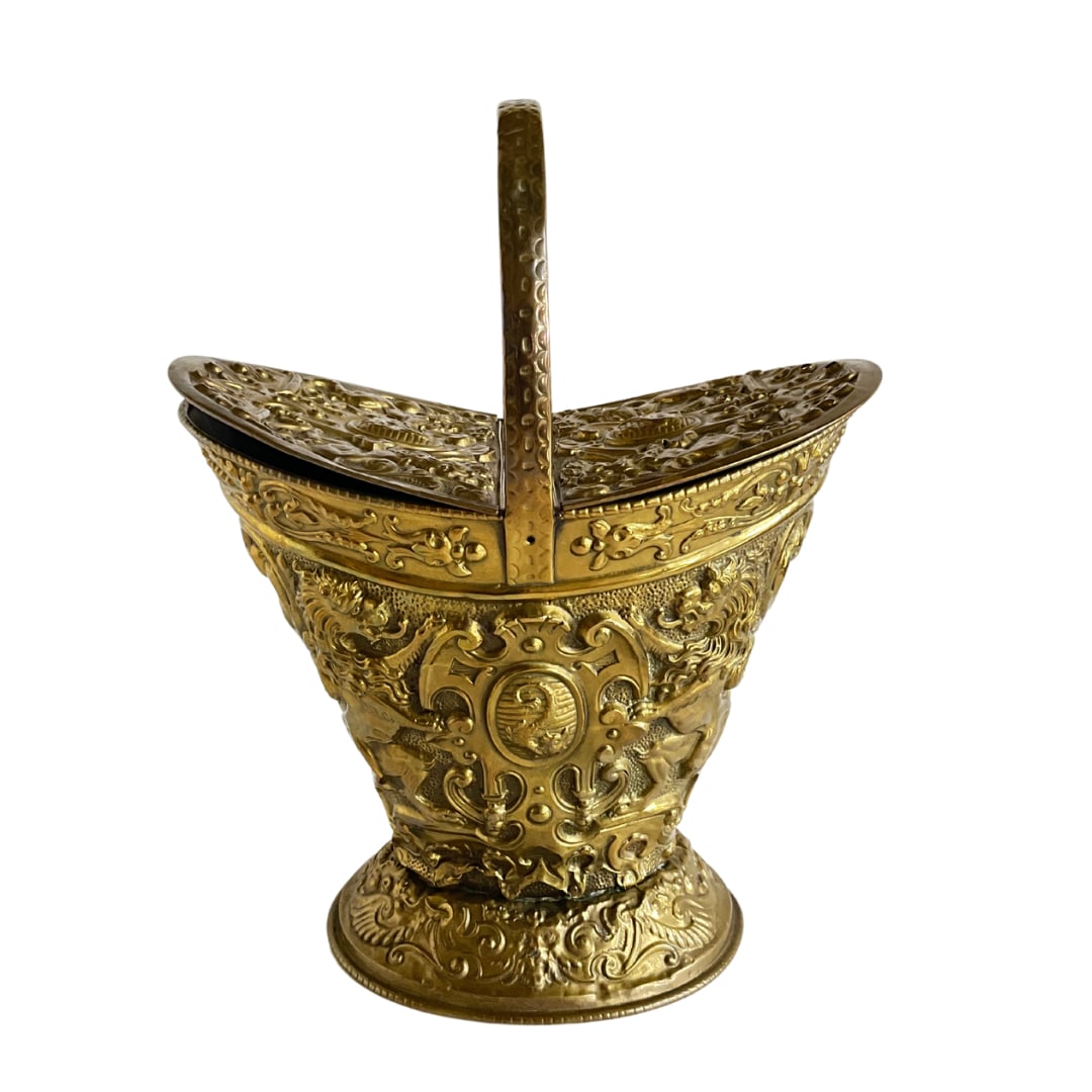 19th Century English Brass Navette Form Coal Hod with Lion Crest (1 of 5)