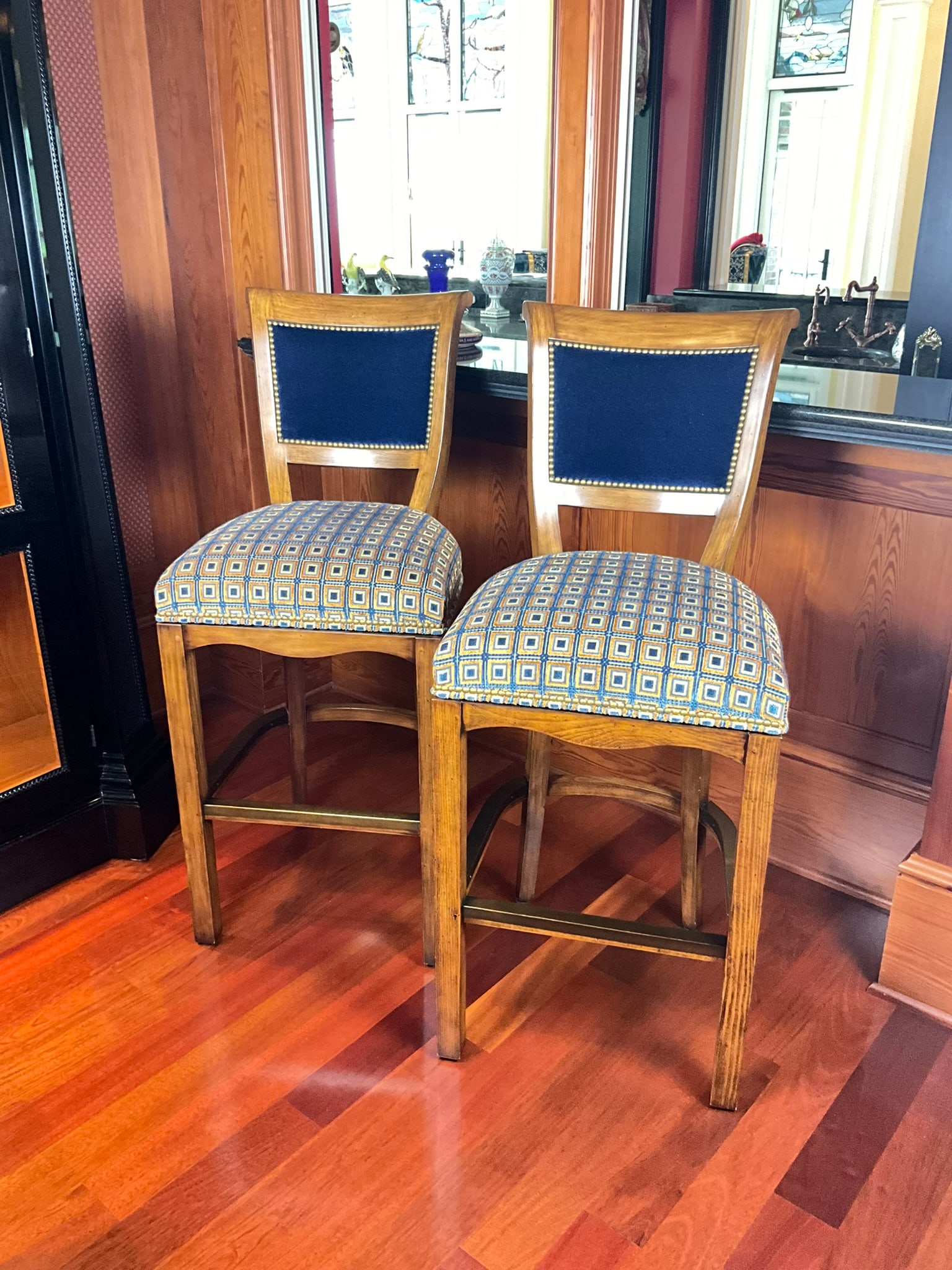 Pair of Custom Upholstered Swivel Barstools (1 of 5)