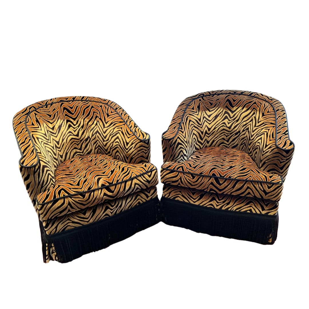 Pair of Custom Upholstered Tiger Print Swivel Club Chairs (1 of 6)