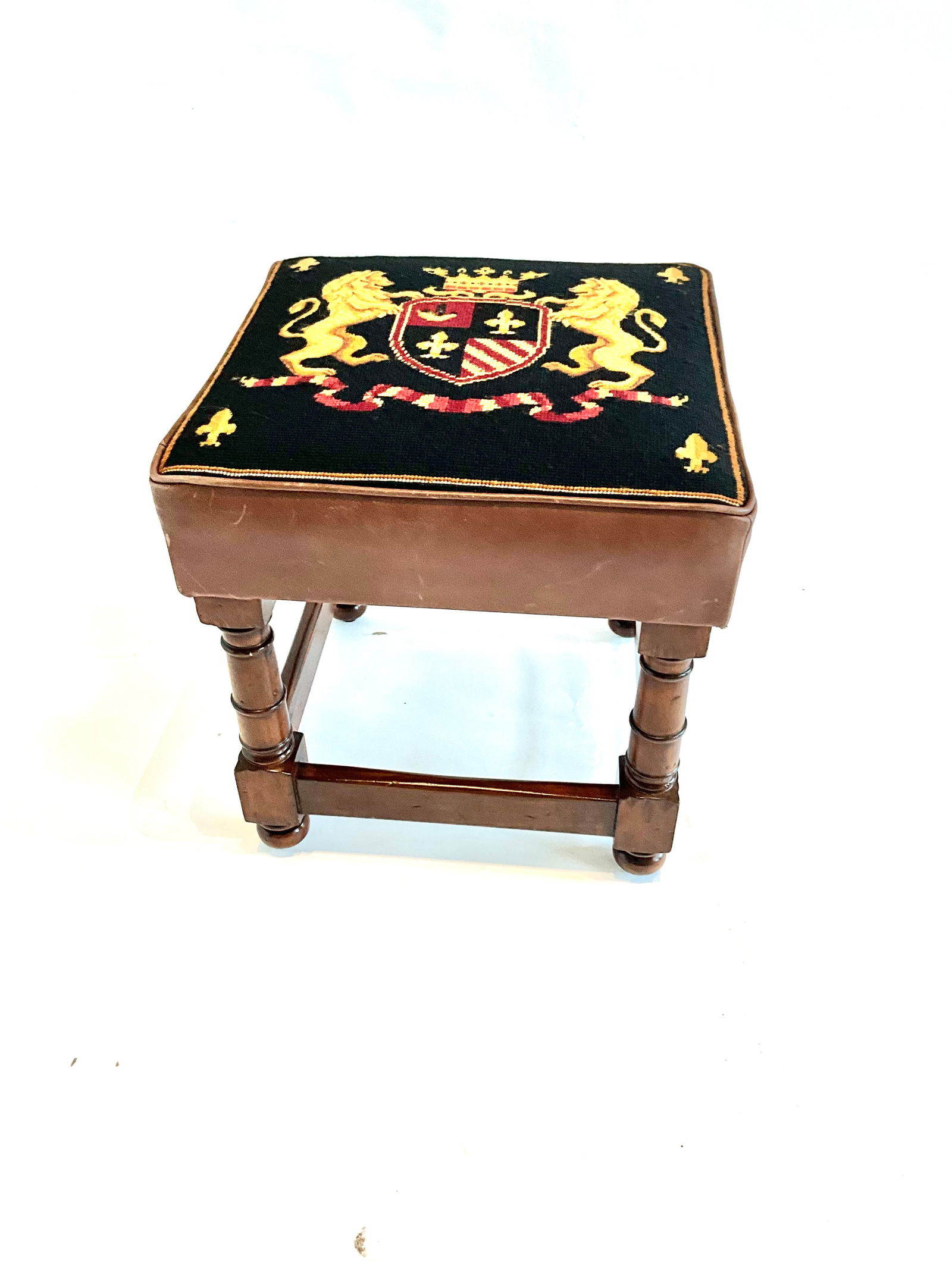 Needlepoint Royal Coat of Arms Leather & Wood Stool (1 of 4)