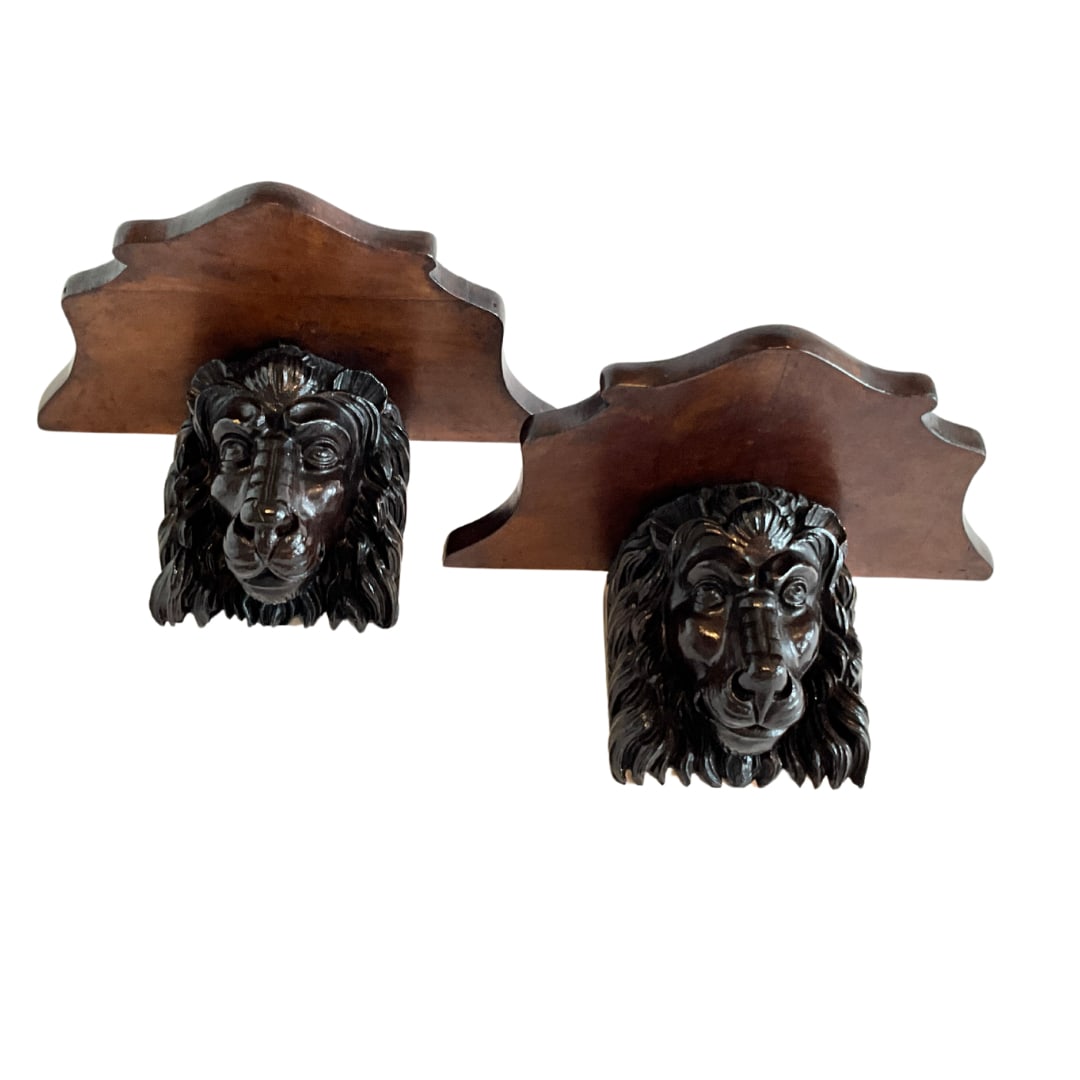 Pair of Antique Carved Black Mahogany Lion Head Wall Shelves (1 of 5)