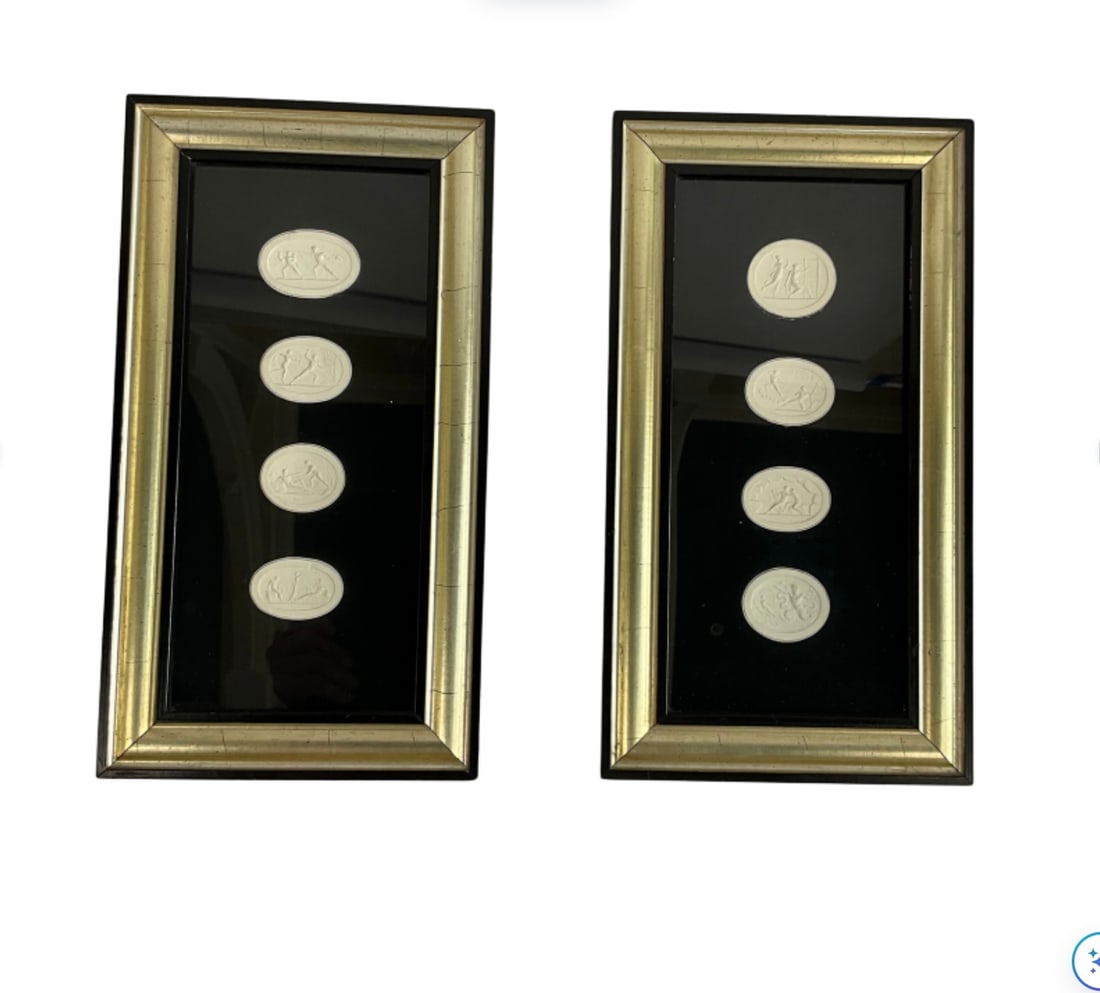 Pair of Framed Eight Neoclassic Intaglios: Four Intaglios in each frame measuring approximately 2" W x 1.5"H. The frame measures 8"W x 14.25" H