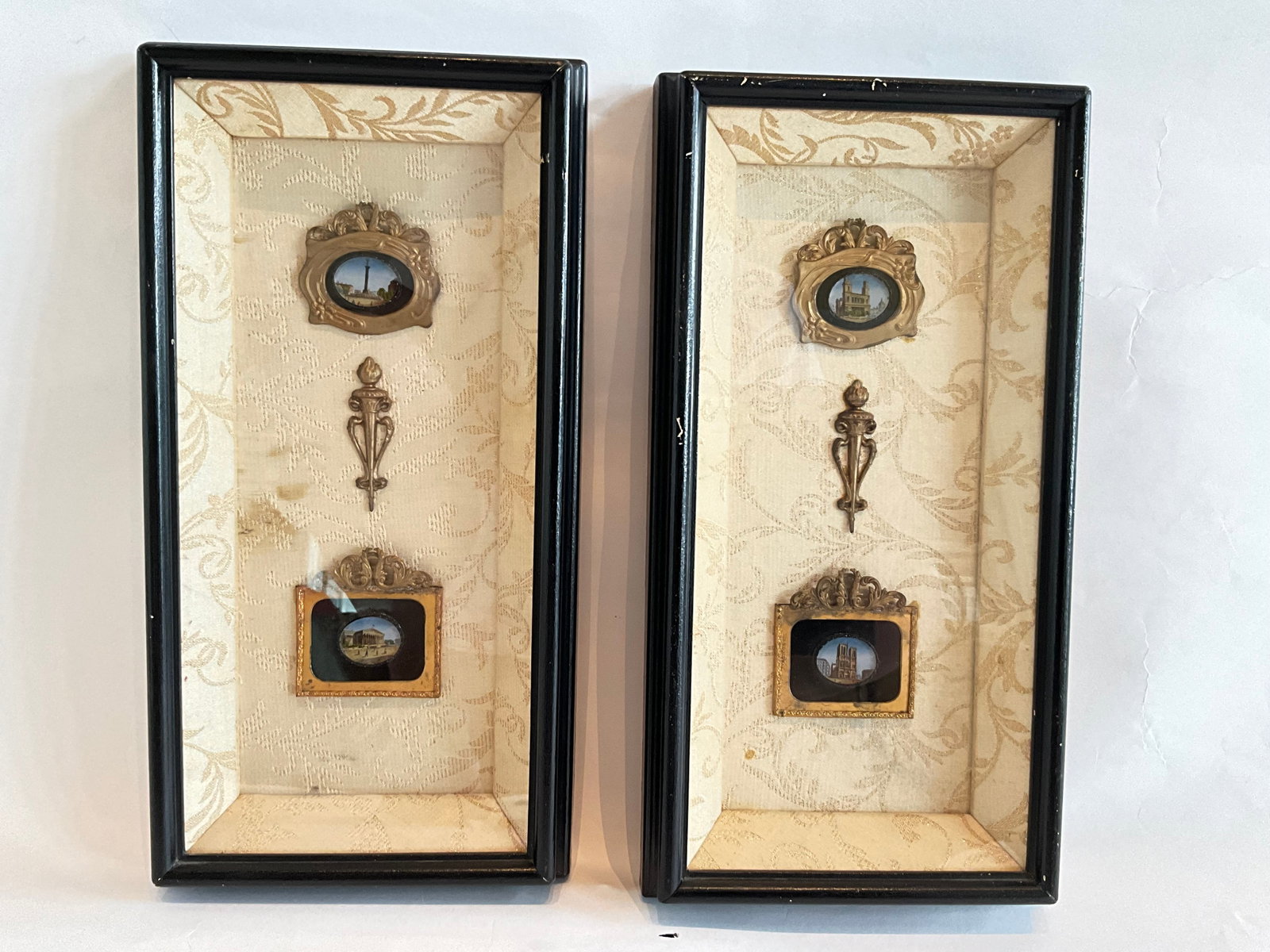 Antique Pair of French Reverse Painted Grand Tour Eglomise Souvenir In Frames: Antique Pair of French Reverse Painted Grand Tour Eglomise Souvenir mounted on material frames in glass. 7.5"W x 14.5"H x 1.75"D