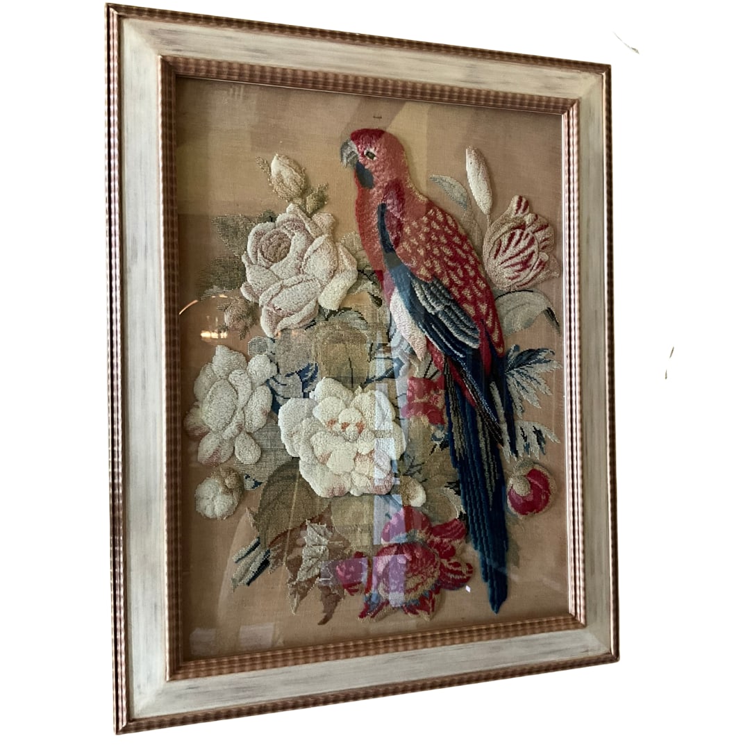 Vintage "Parrot Amongst Flowers" Stumpwork Needlepoint (1 of 6)
