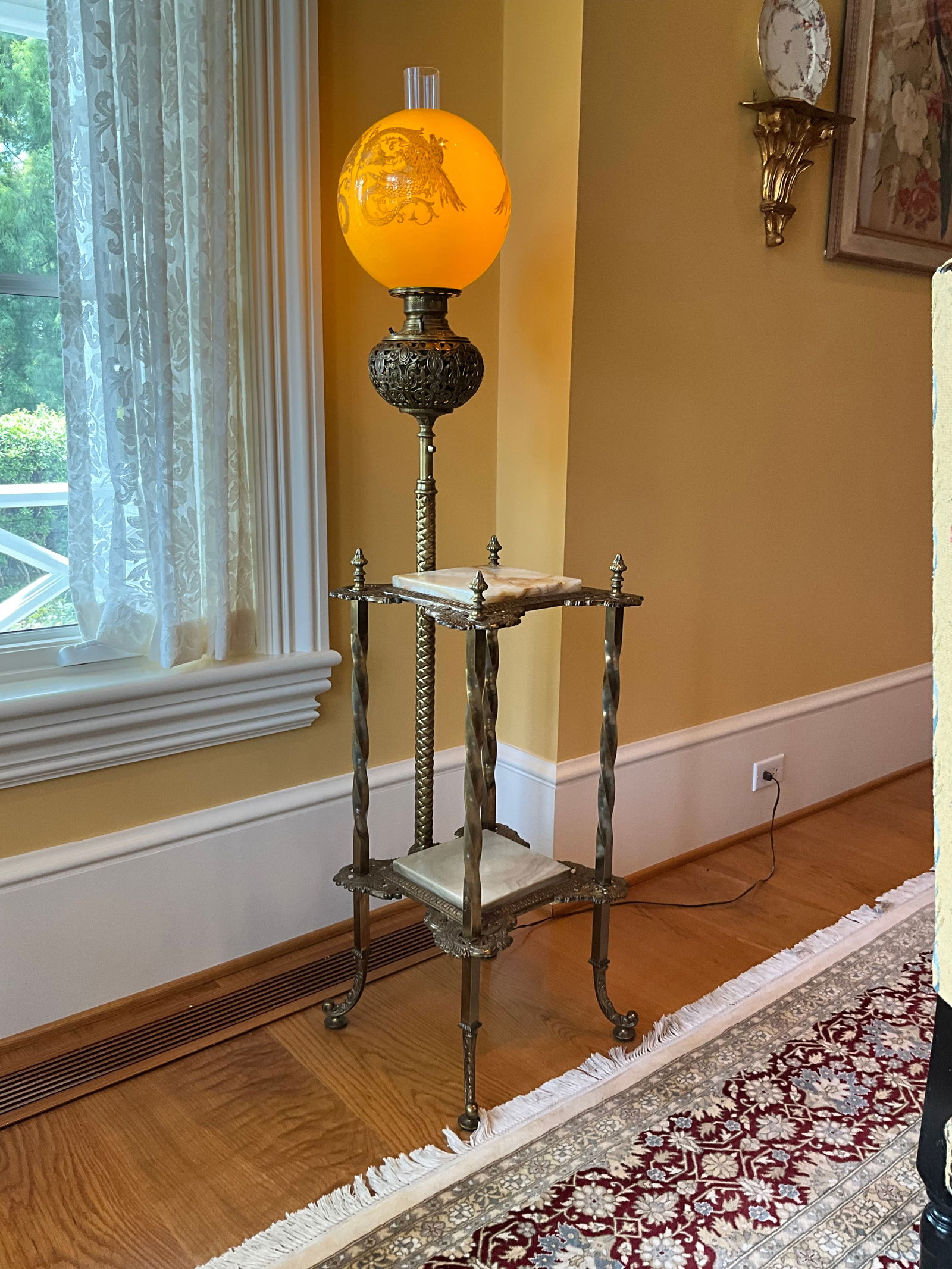 Antique Victorian Two Tiered Brass & Marble Piano Lamp (1 of 13)