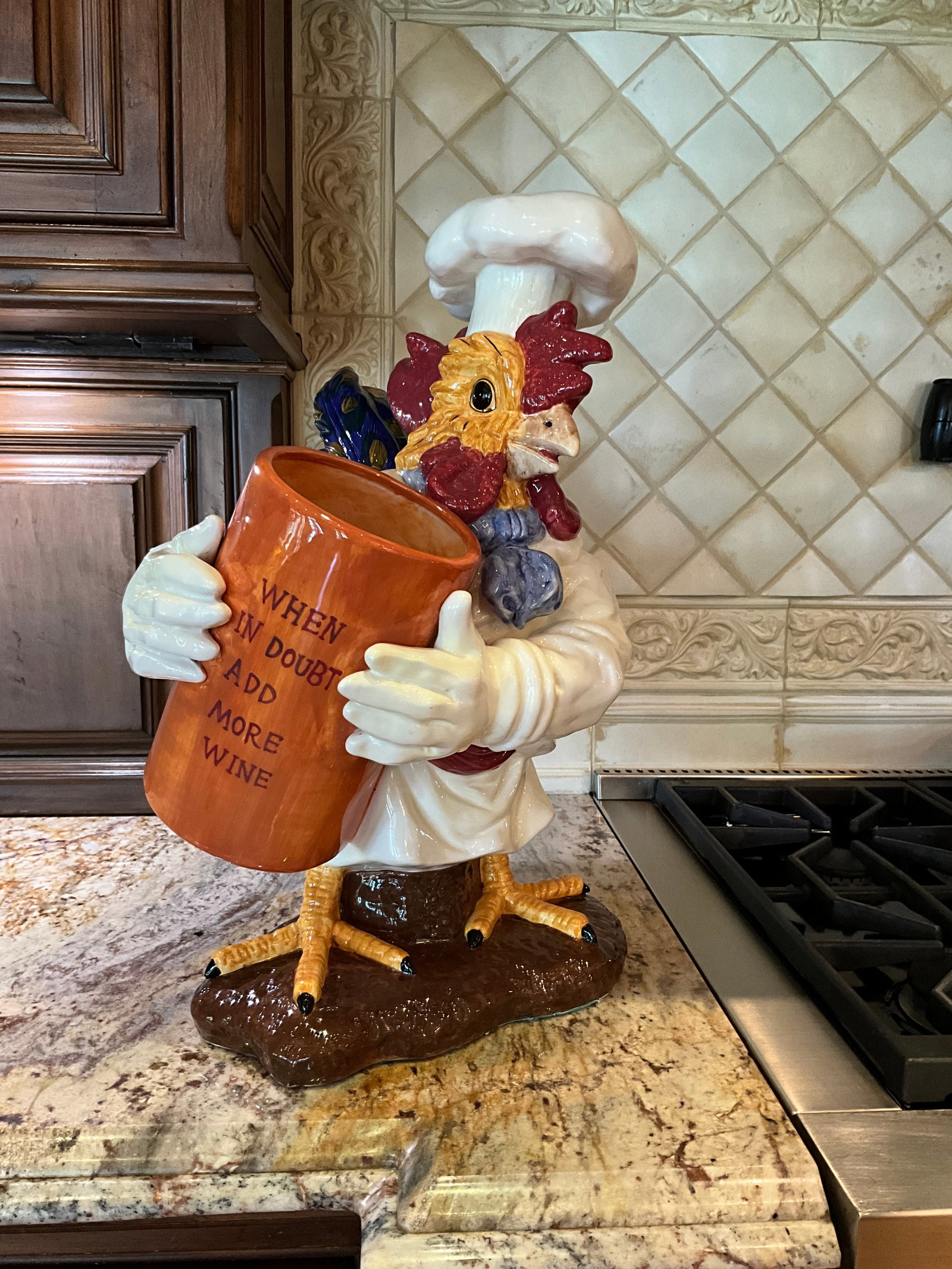 Vintage Blue Sky Ceramic Rooster with Wine Bottle Holder: measuring 20.5" high x 12.5" wide x 16" deep this ceramic rooster is a great piece for any French country decor kitchen small chip on tail (see pic) overall good condition