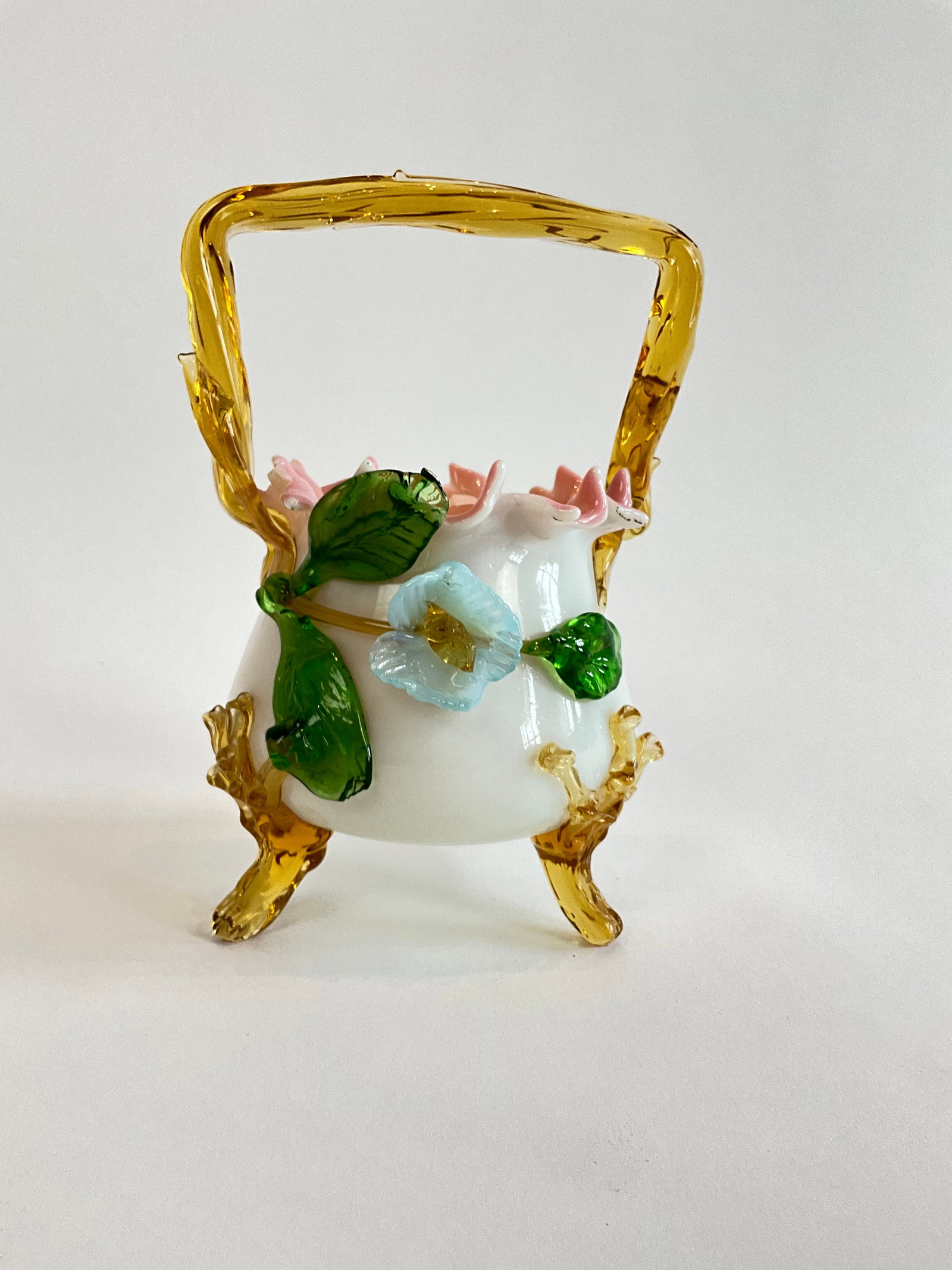 Antique Victorian Stevens & Williams Mat-Su-No-Ke Uranium Glass: This piece was broken and has been repaired Measuring 7" high with handle X 5" wide x 3.5" deep