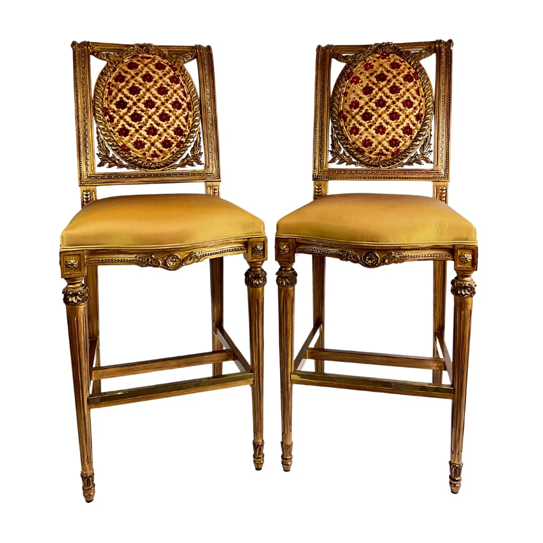 Pair of Louis XVI Style Velvet Upholstered Gilt Wood Bar Stools (1 of 9)