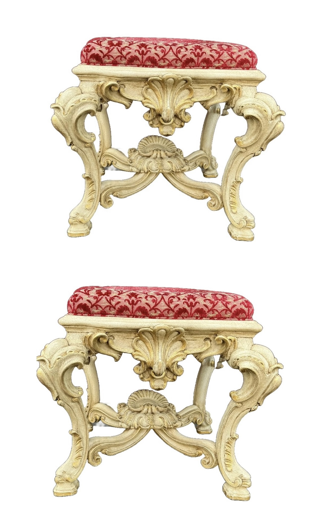 Pair of Rococo Style William Switzer Ottomans: **Pair of Rococo Style William Switzer Ottomans**Enhance your home with this exquisite pair of Rococo-style ottomans by the renowned William Switzer. These luxurious pieces showcase the opulent curves