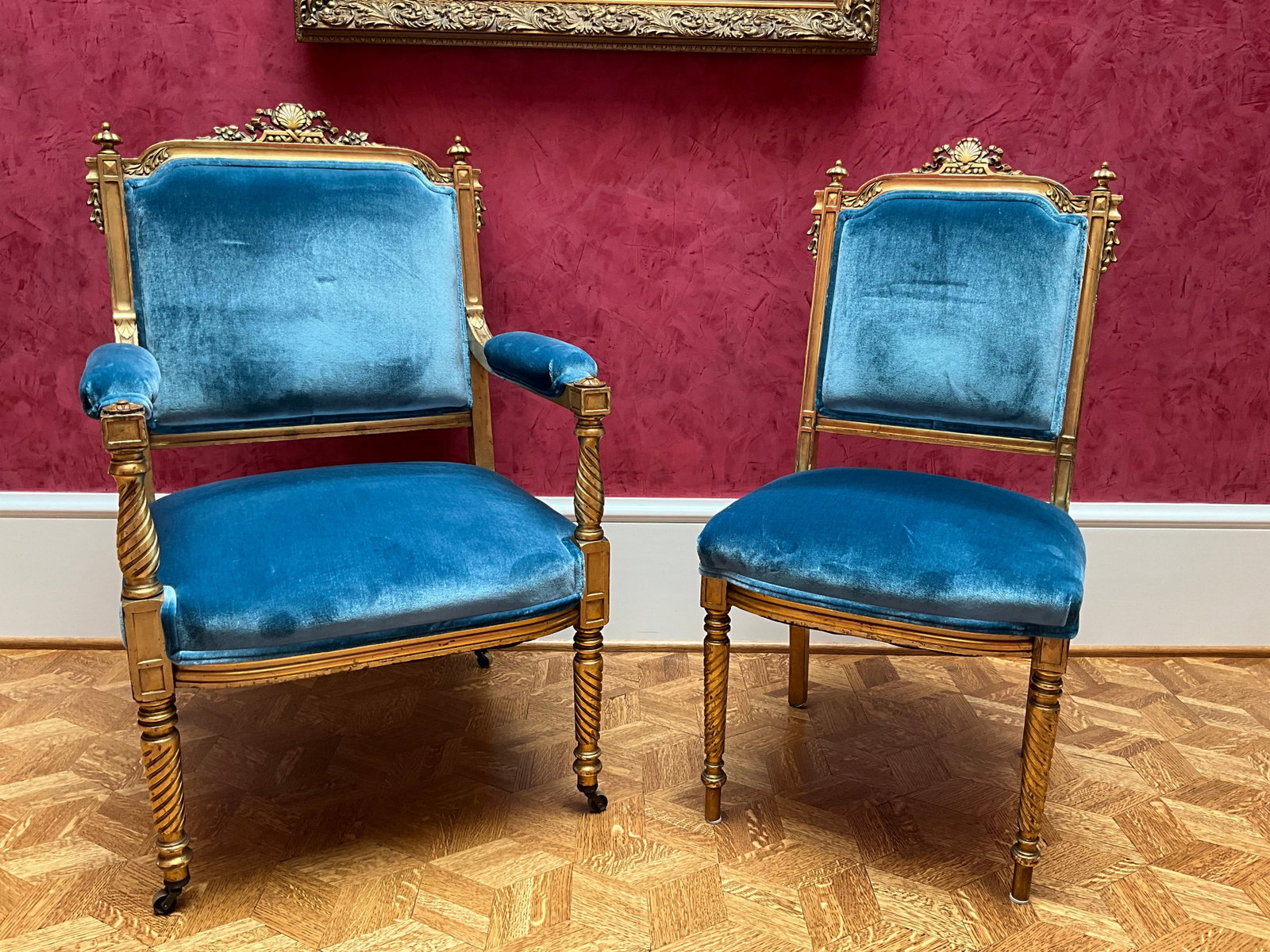 Antique French His & Hers Blue Velvet Parlour Chairs: excellent condition His Arm chair measures 24" wide x 17.5" seat height x 20" seat depth x 39" high (on castors)Her chair measures 18" wide x 145" seat depth x 37.5" high