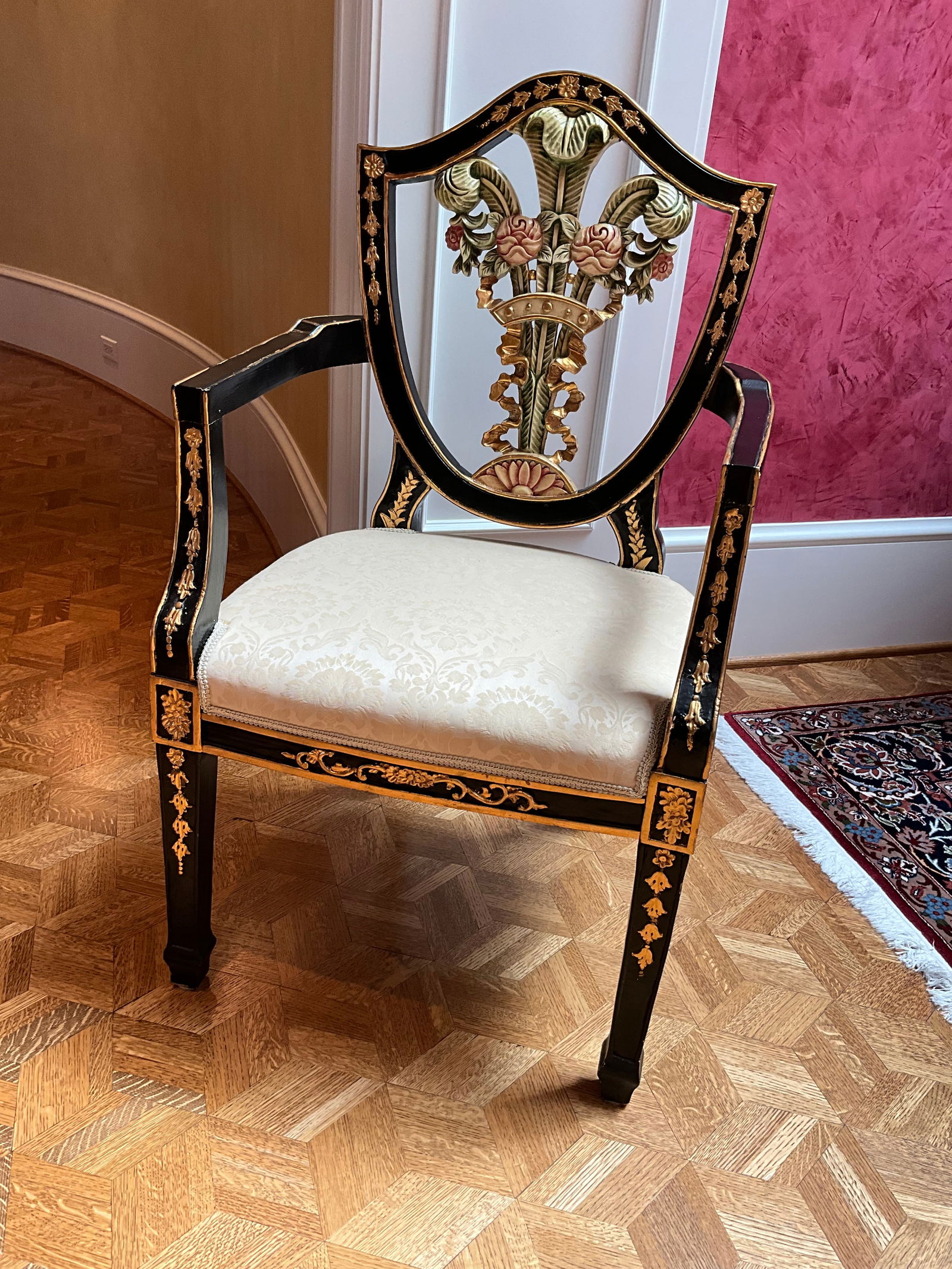 Antique Handpainted Black Lacquer Wood Italian Feather Design Armchair (1 of 4)