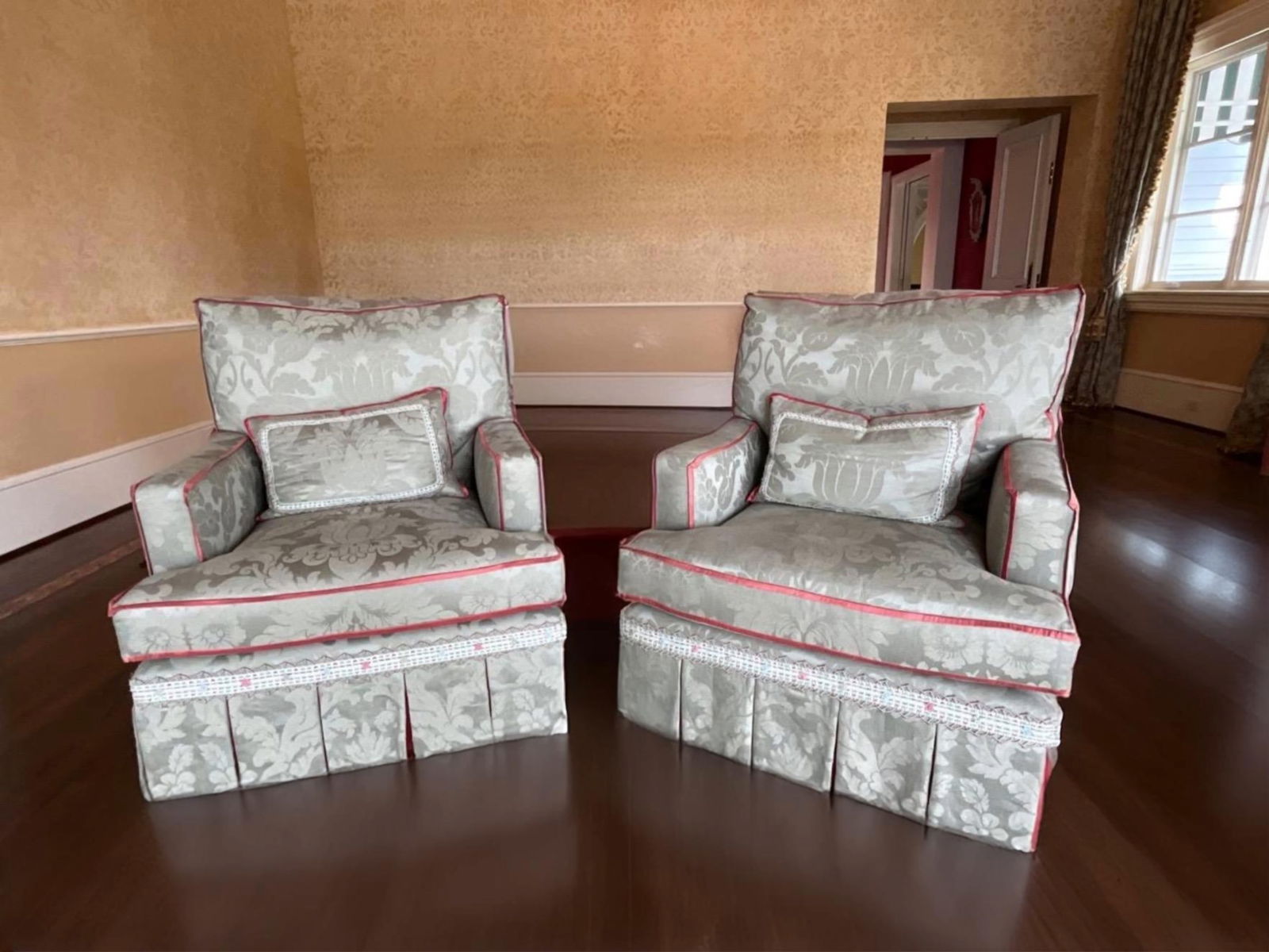 Pair of Custom Grey Damask Upholstered Swivel Arm Chairs (1 of 5)