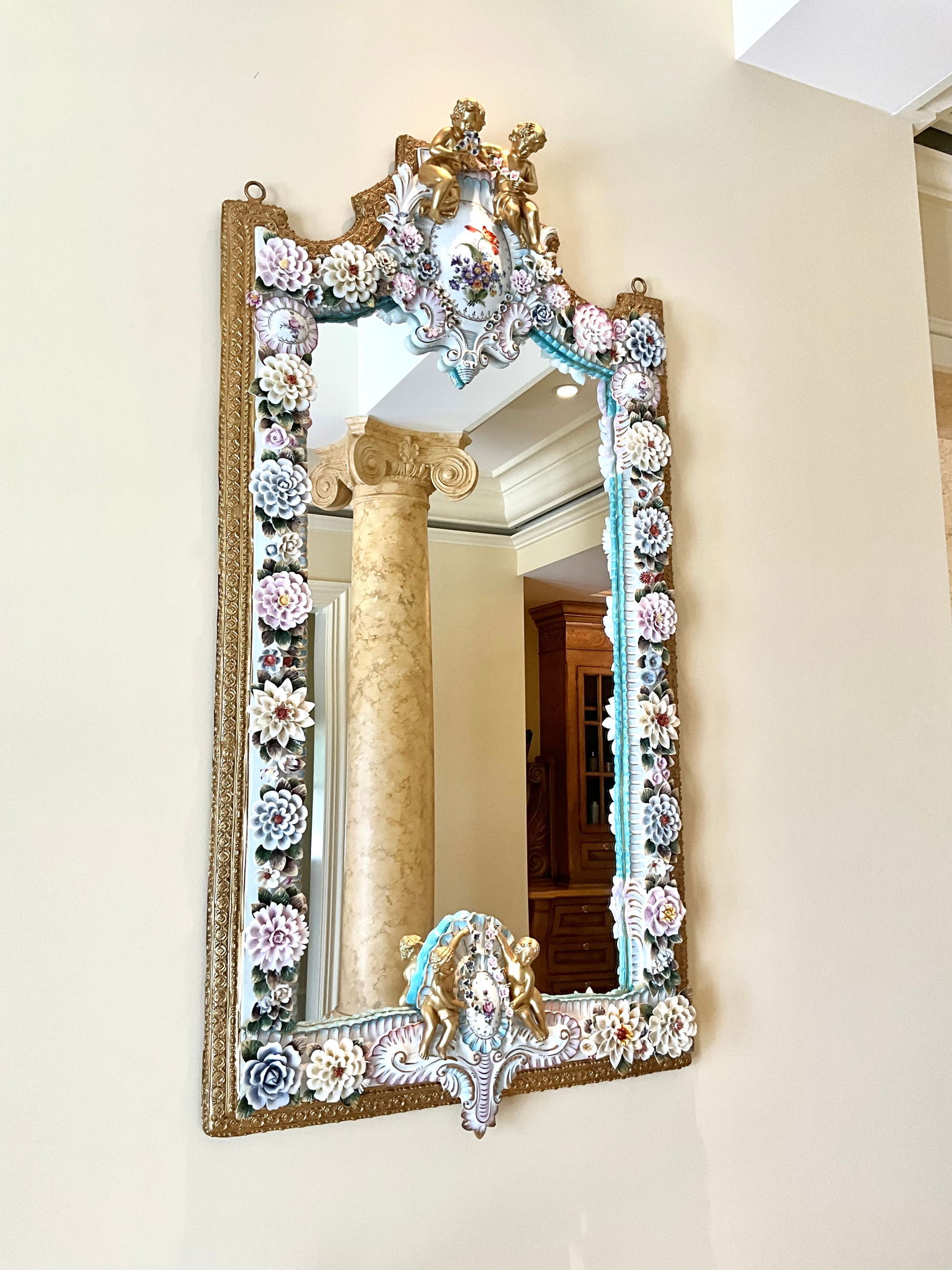 Fine German Porcelain Floral Encrusted Wall Mirror (1 of 3)
