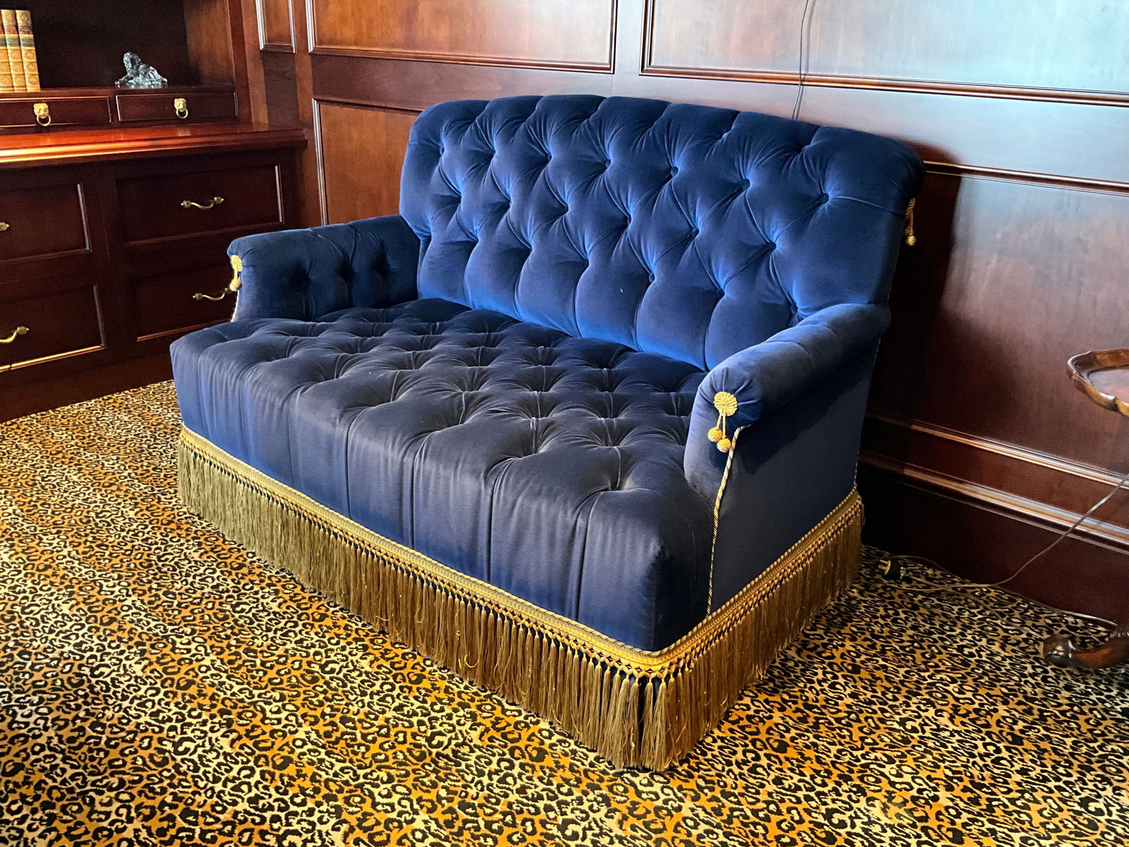 Custom Navy Blue Velvet French Style Tufted Loveseat with Gold Fringe (1 of 6)