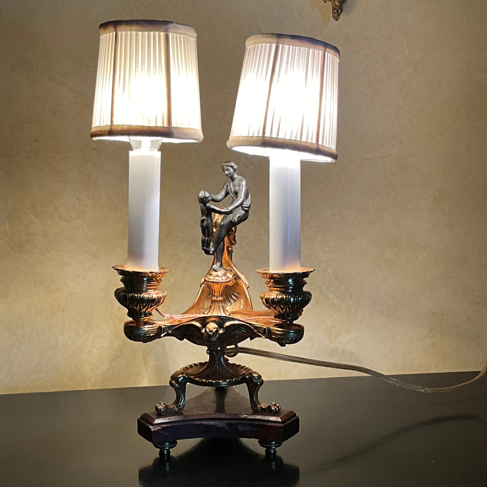 Empire Silt Patinated Bronze Candelabra Lamp with Marble Base (1 of 5)