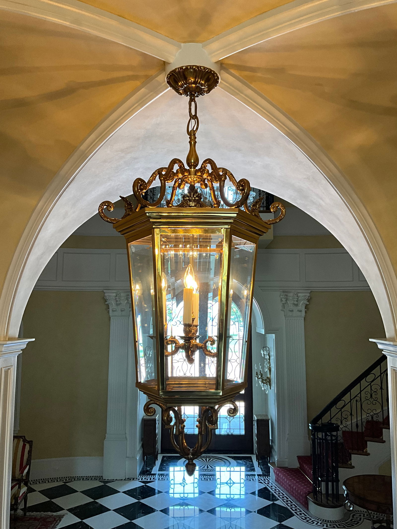 Large Brass & Glass Pendant Lantern 6 Lamp Chandelier (1 of 2)