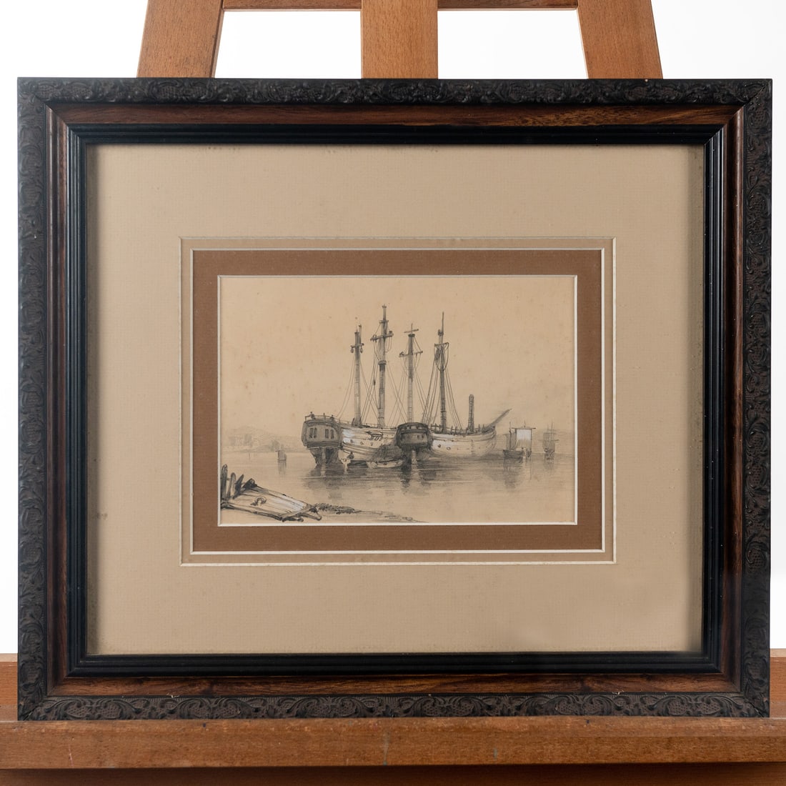 Vintage Engraving of Ships in Water: Triple matted measuring 17.5" wide x 15" high framedno signature