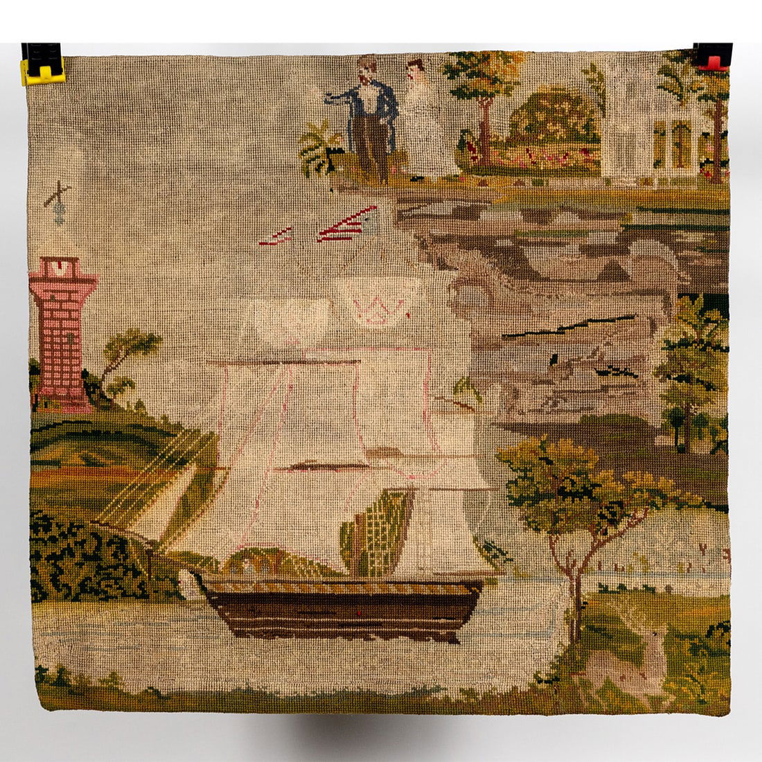 Antique Needlepoint Tapestry of American Ship (1 of 4)