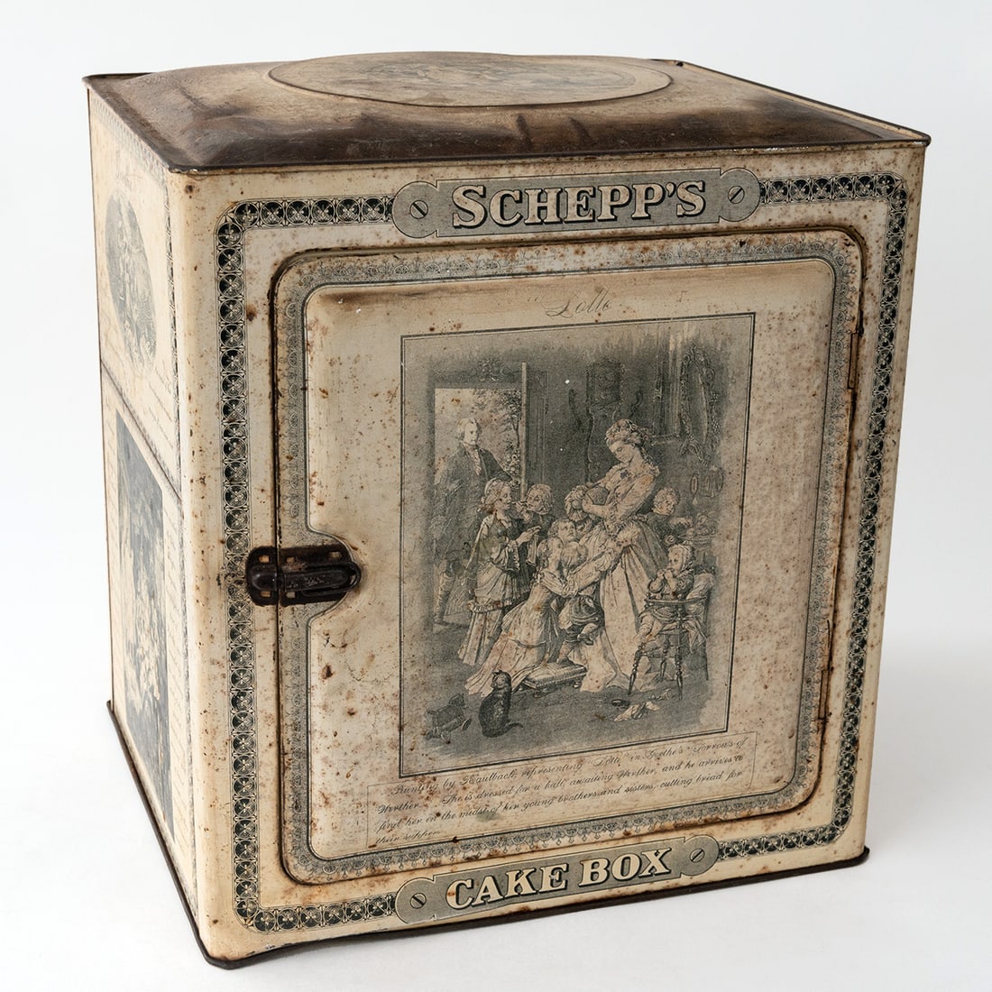 Early Antique Schepps Advertising Tin Cake Box, Circa 1910 (1 of 9)