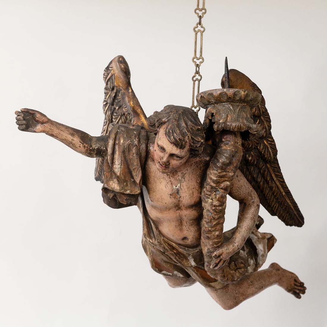 17th C. Baroque Wood Carved Polychrome Angel Southern Italy: Meet Gabriel the beautiful flying Italian Angel measuring 17" high x 29" long x 20" wide.