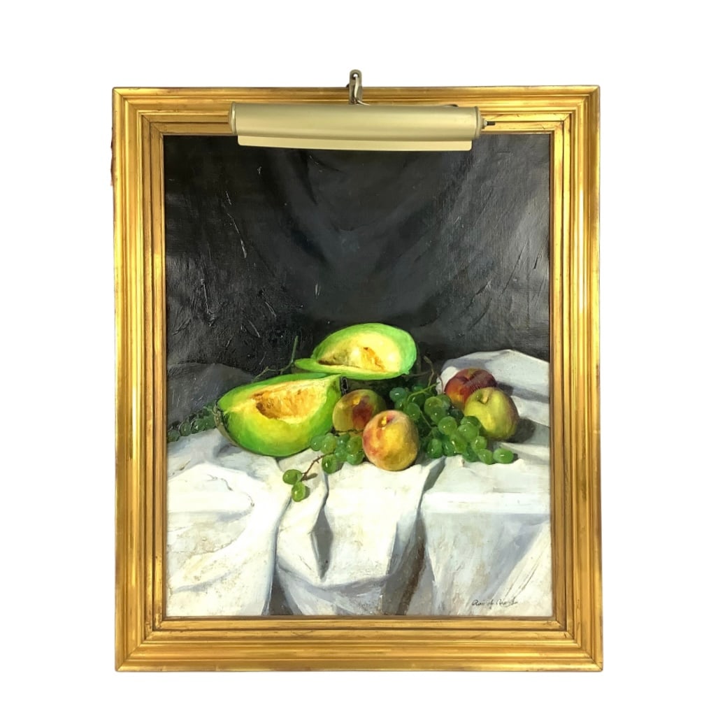 Original Oil Still Life Painting by Romeck Arpad (Hungary, 1883-1960): this original oil painting on canvas has had a repair (see pics) artwork measures approximately 24" wide x 30" high frame measurements are 28.5" wide x 34.25" high signed lower right comes with lamp