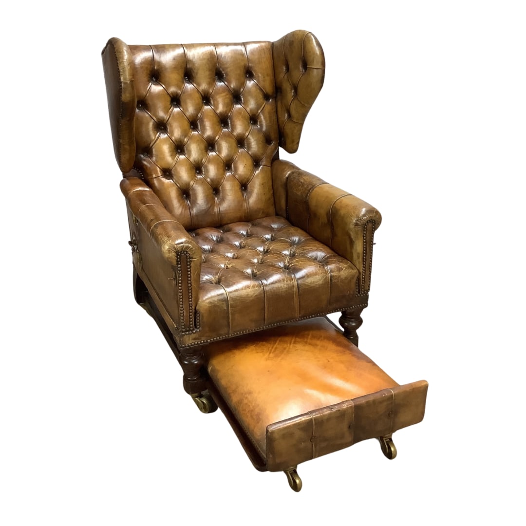 Antique Button Back Leather Invalid's Chair with Footrest (1 of 11)